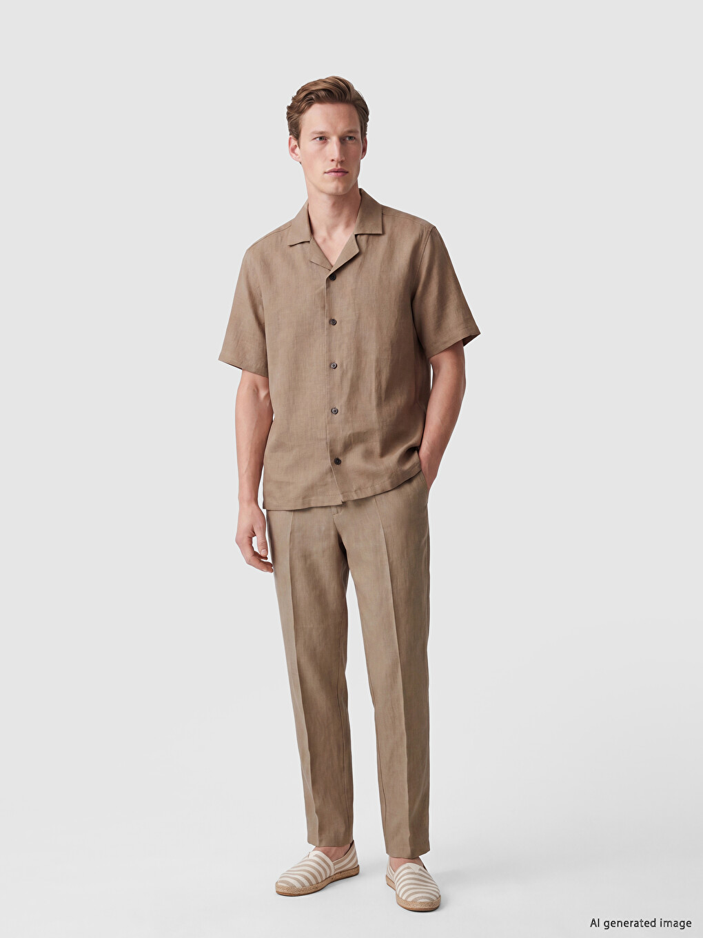 Bej Loose Fit %100 Keten Erkek Gömlek-1