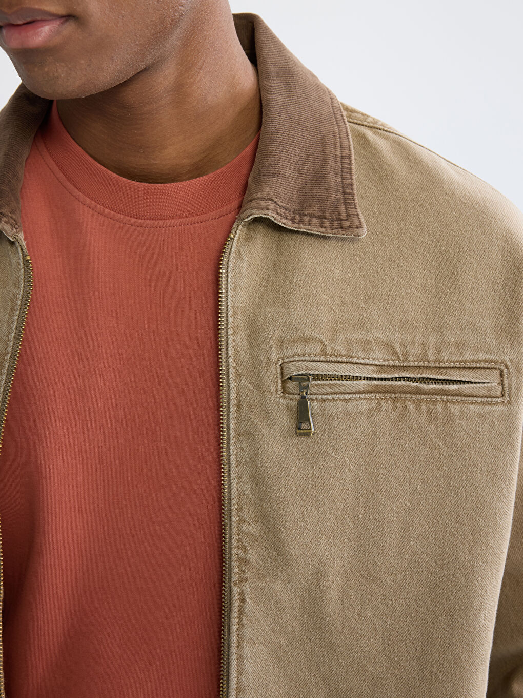 Bej Rahat Kalıp Kadife Yaka Erkek Jean Ceket-2