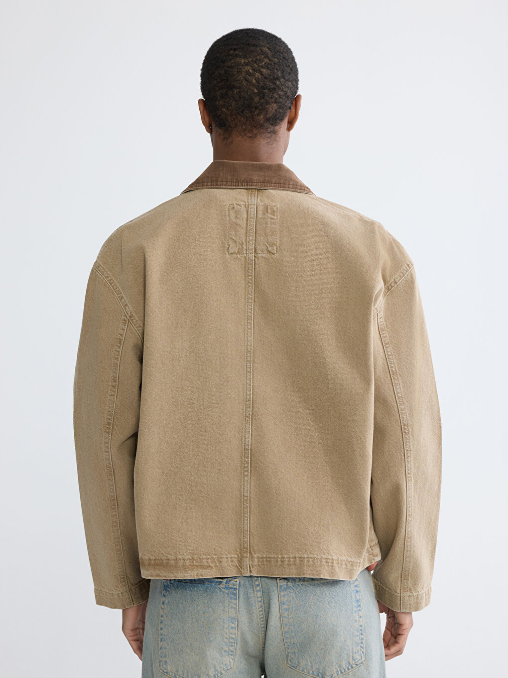Bej Rahat Kalıp Kadife Yaka Erkek Jean Ceket-3