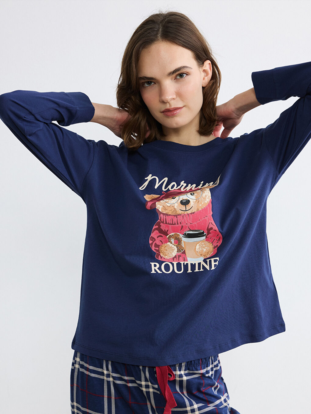 Lacivert Bisiklet Yaka Ayı Teddy Baskılı Kadın Pijama Takımı-1