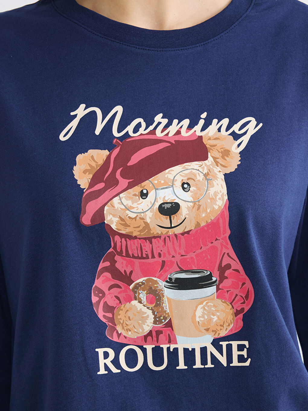 Lacivert Bisiklet Yaka Ayı Teddy Baskılı Kadın Pijama Takımı-2