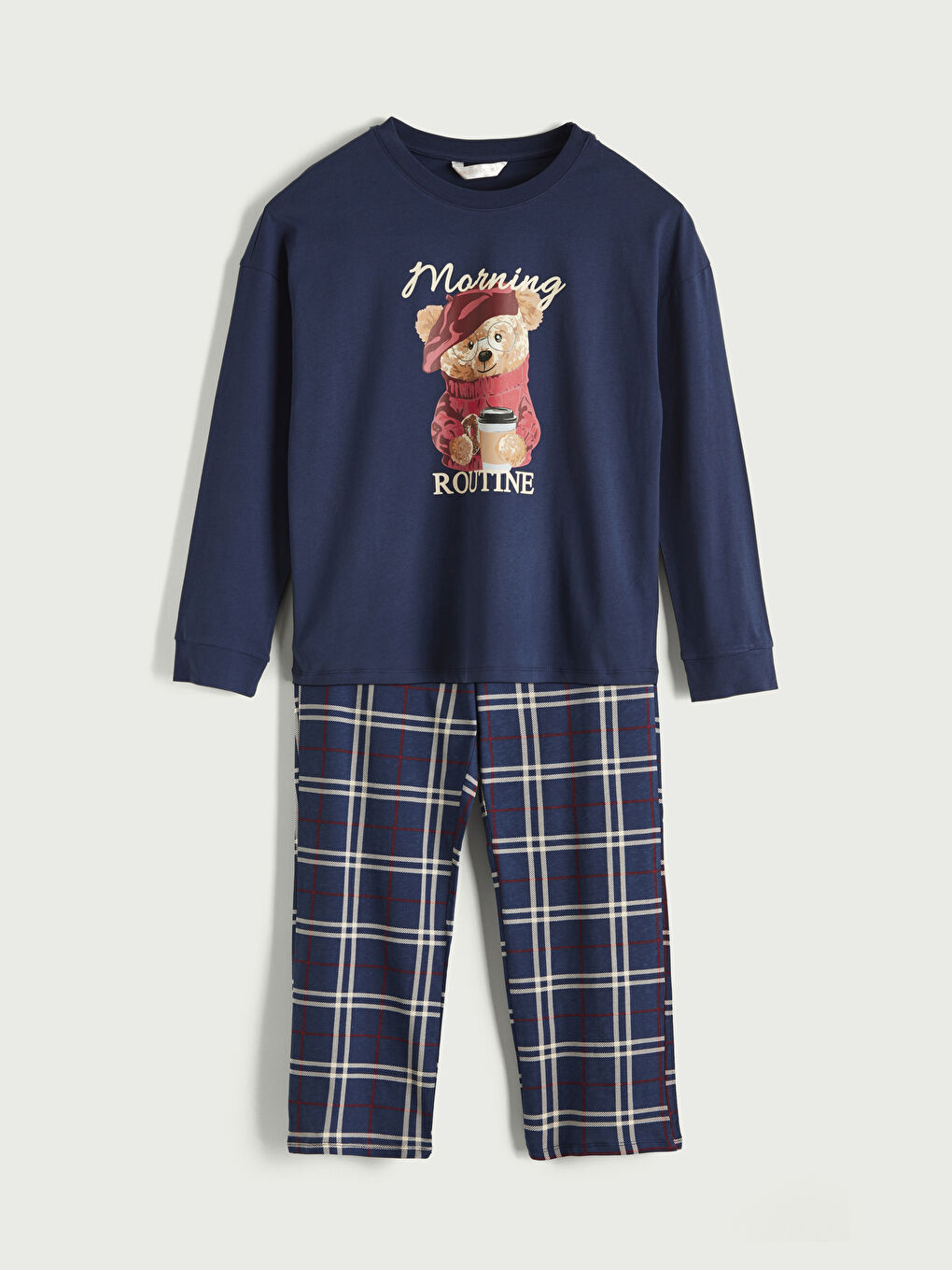 Lacivert Bisiklet Yaka Baskılı Kadın Pijama Takımı