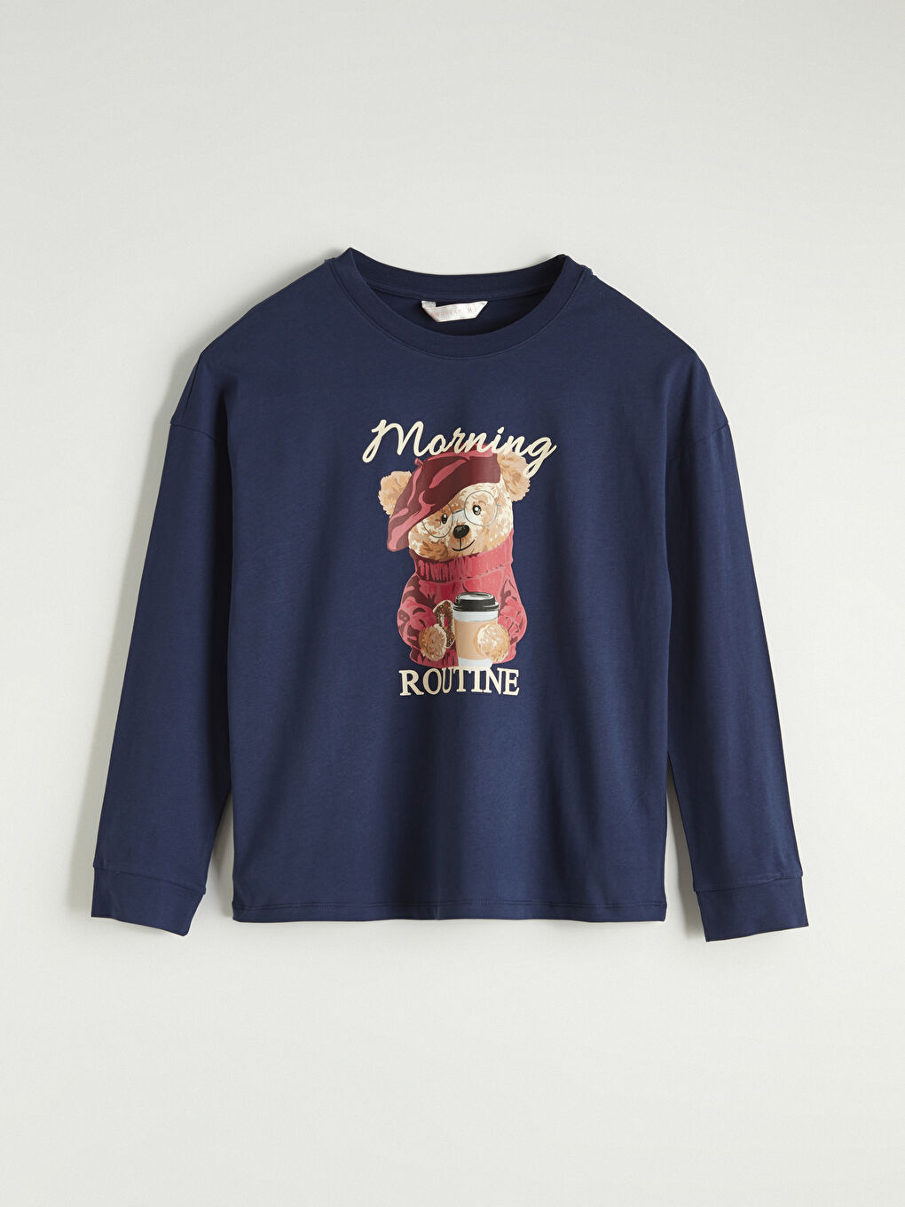 Lacivert Bisiklet Yaka Baskılı Kadın Pijama Takımı-1