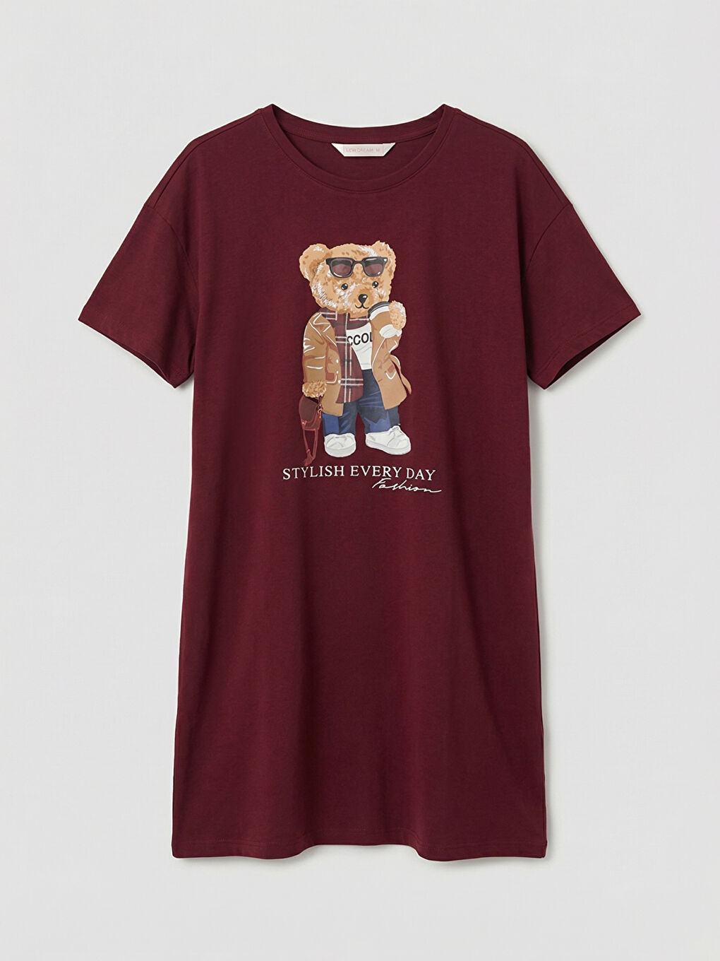 Bordo Bisiklet Yaka Ayı Teddy Baskılı Kadın Gecelik