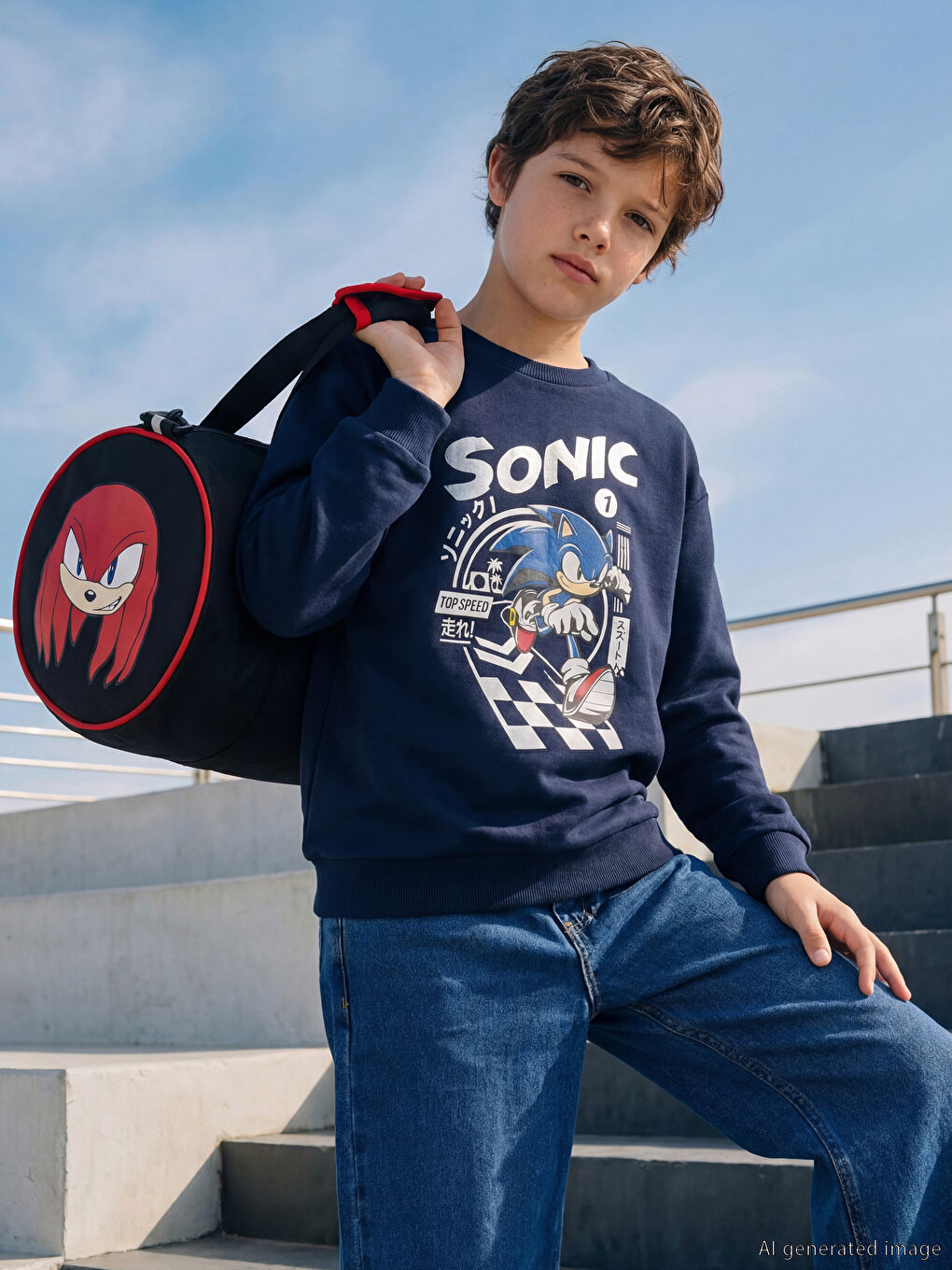 Lacivert Sonic Baskılı Erkek Çocuk Kalın Sweatshirt-1