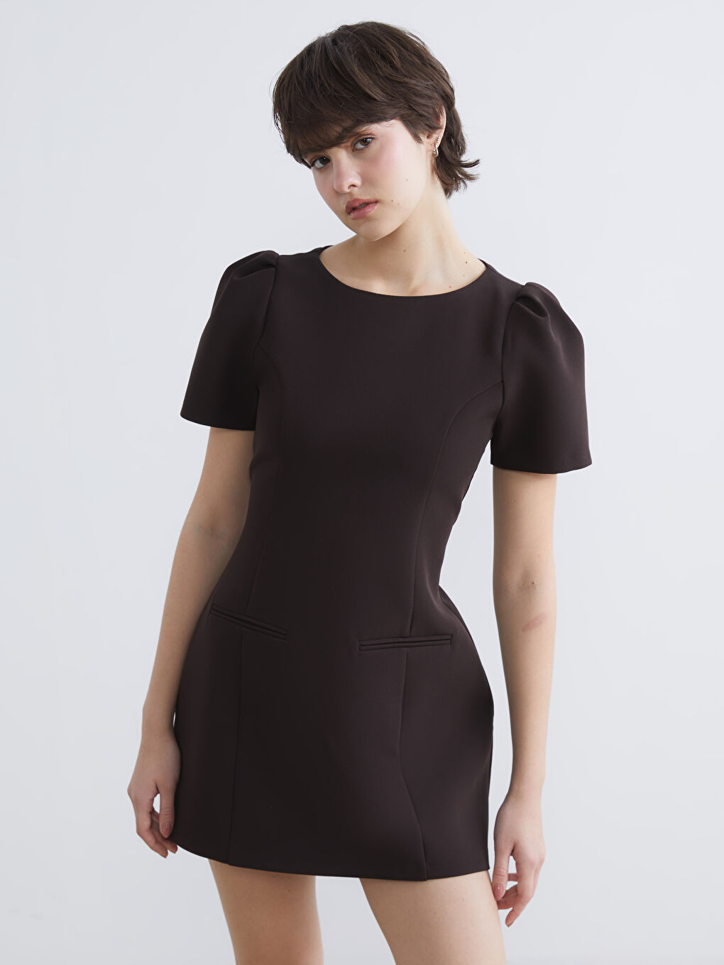 Crew Neck Puff Sleeve Mini Dress