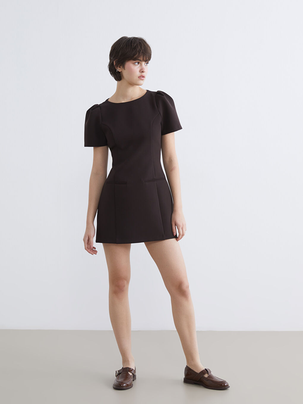 Crew Neck Puff Sleeve Mini Dress-1