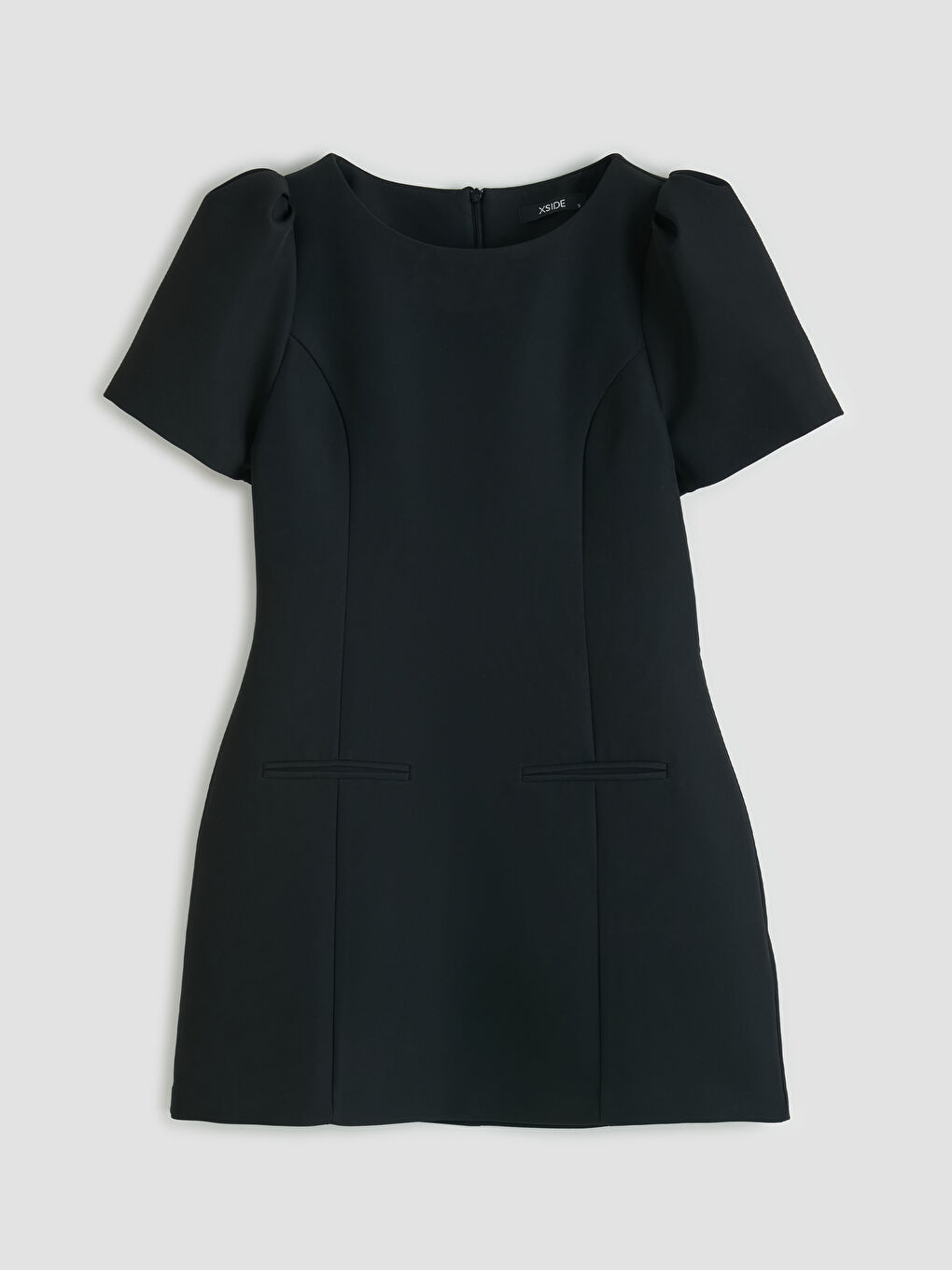 Siyah Bisiklet Yaka Karpuz Kol Mini Elbise	