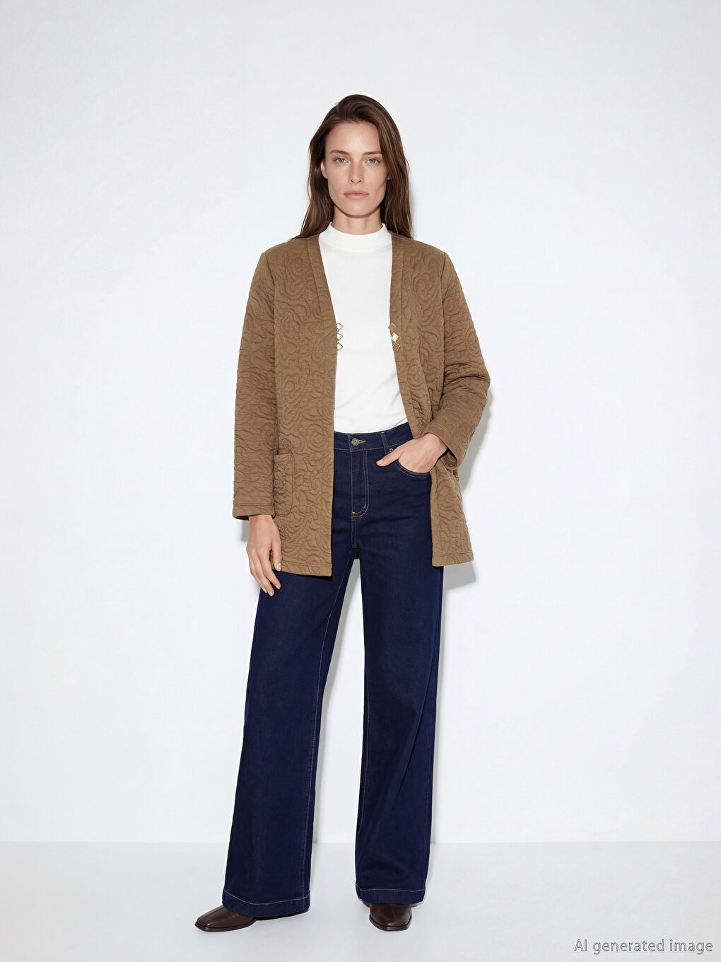 Bej V Yaka Kendinden Desenli Kadın Hırka-1