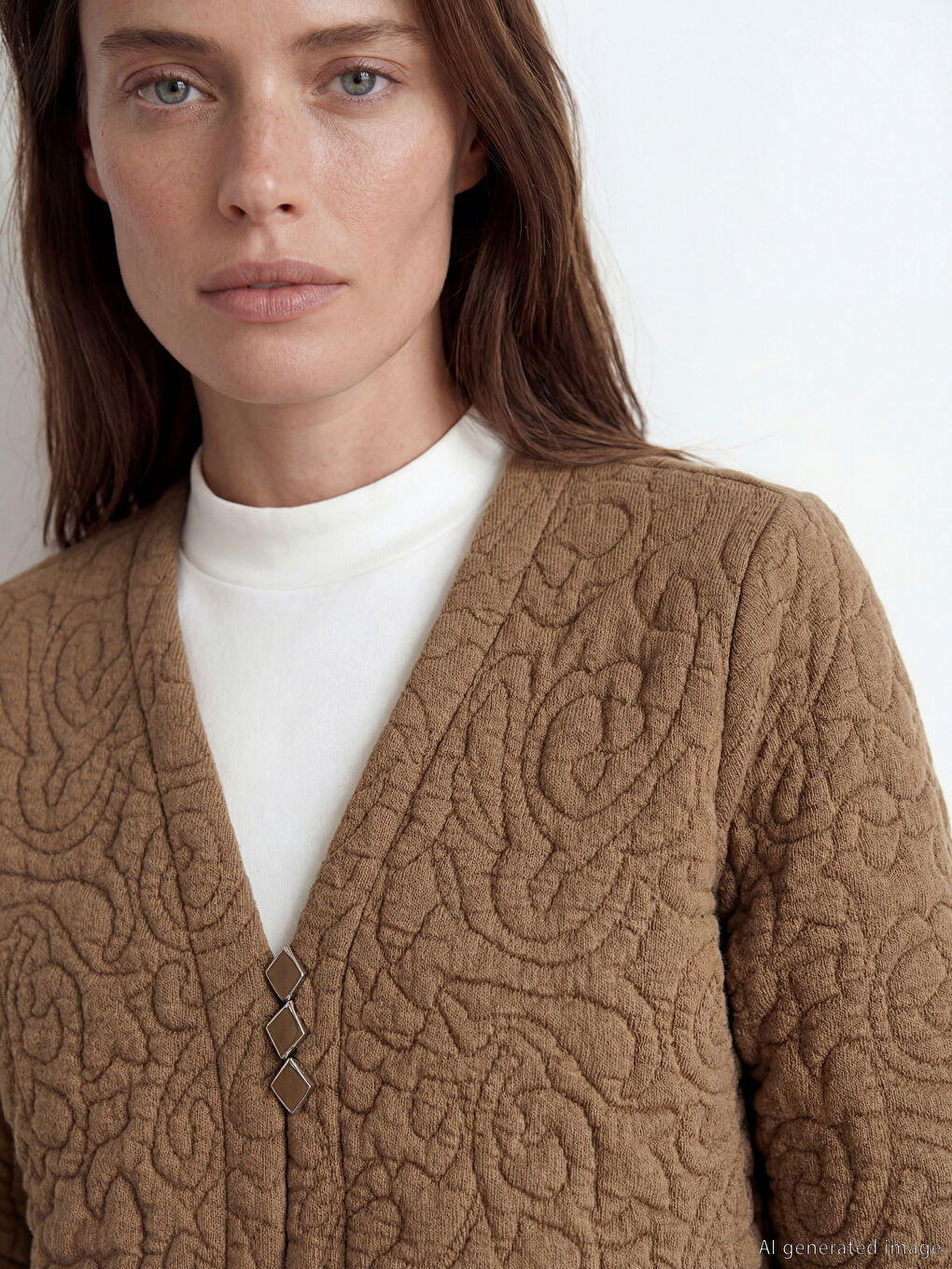 Bej V Yaka Kendinden Desenli Kadın Hırka-2