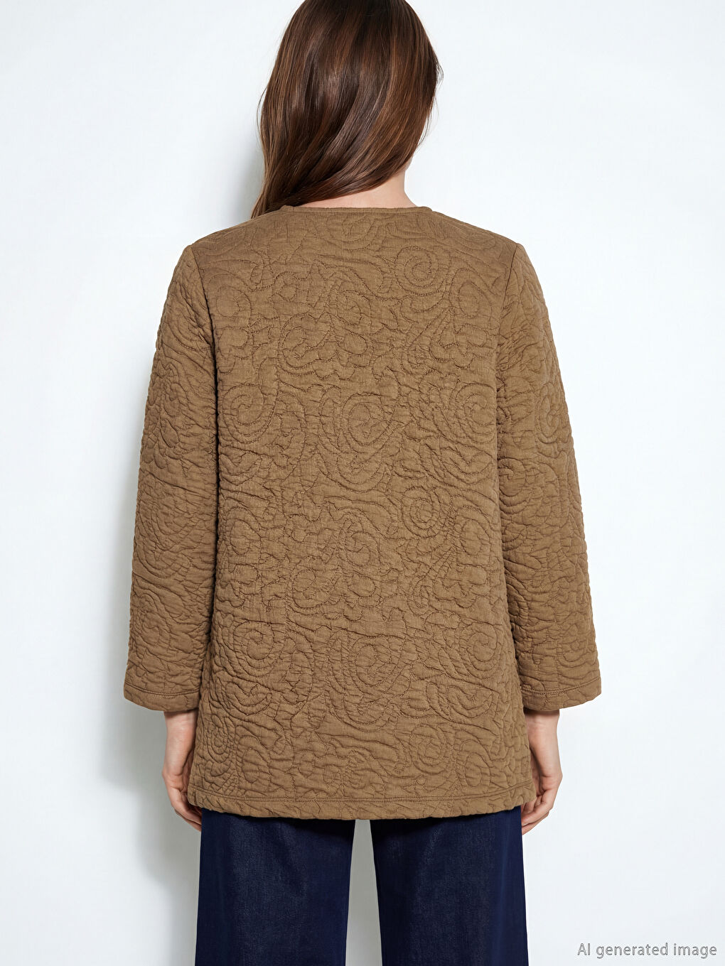 Bej V Yaka Kendinden Desenli Kadın Hırka-3