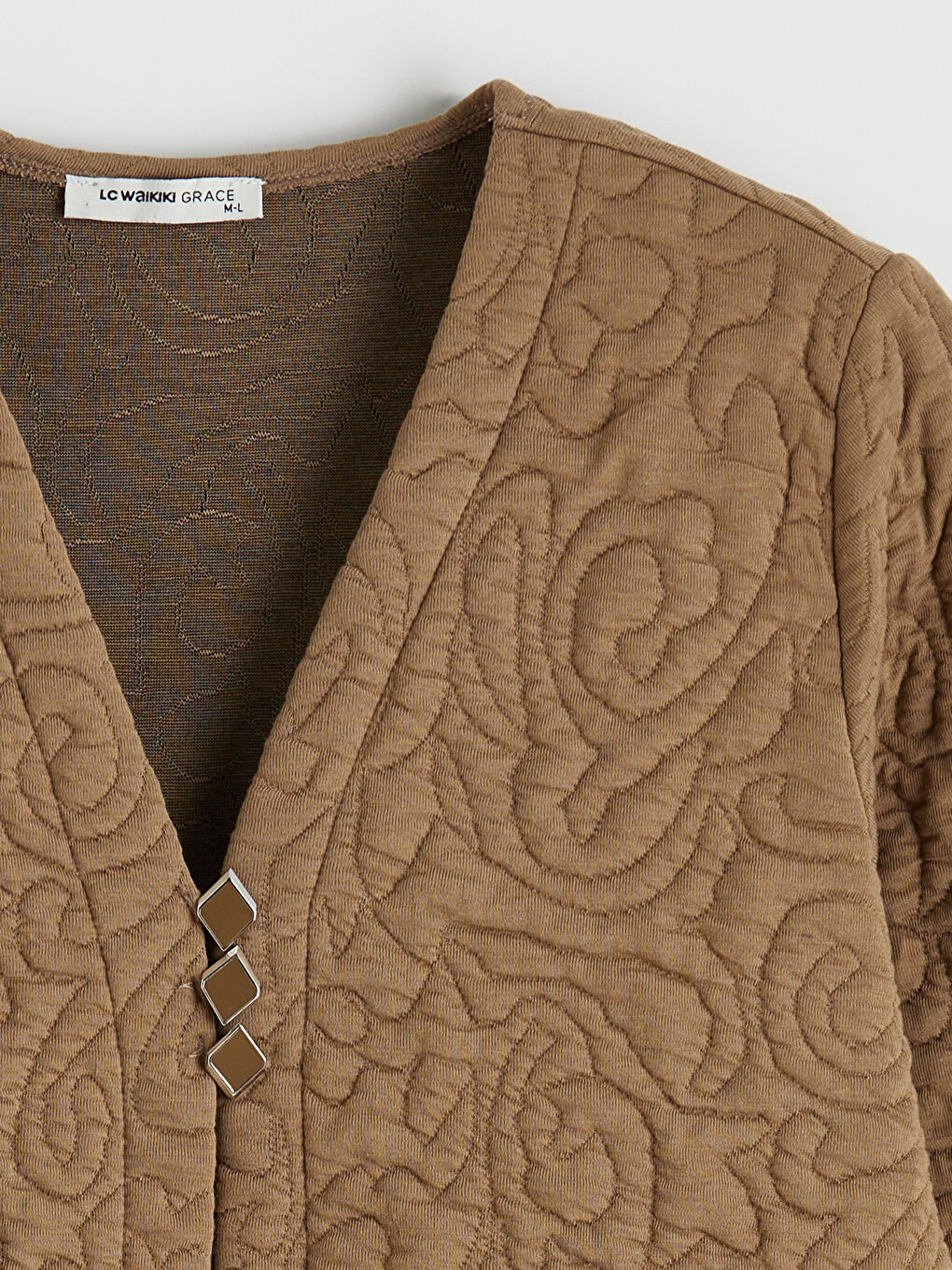 Bej V Yaka Kendinden Desenli Kadın Hırka-1