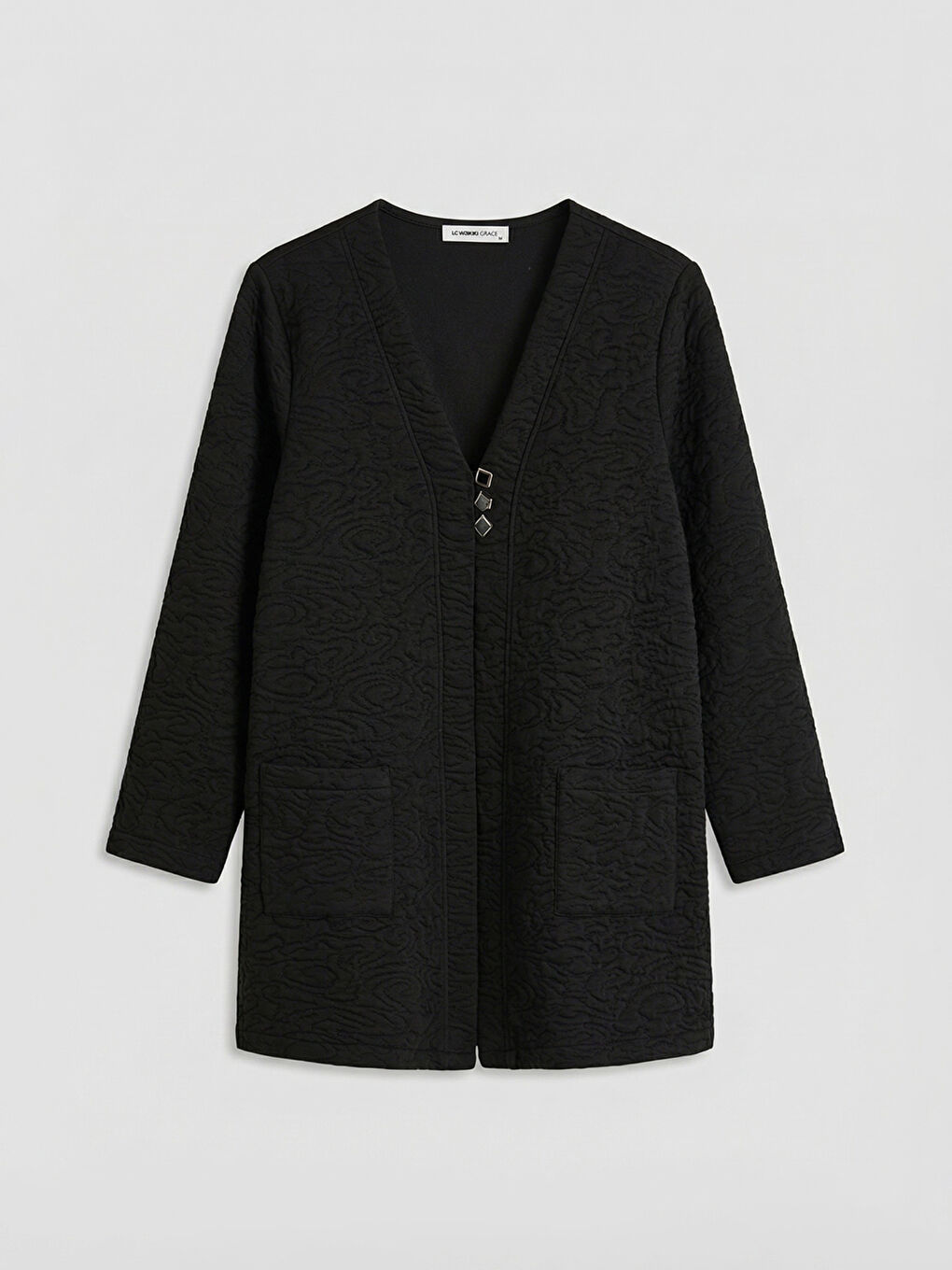 Siyah V Yaka Kendinden Desenli Kadın Hırka