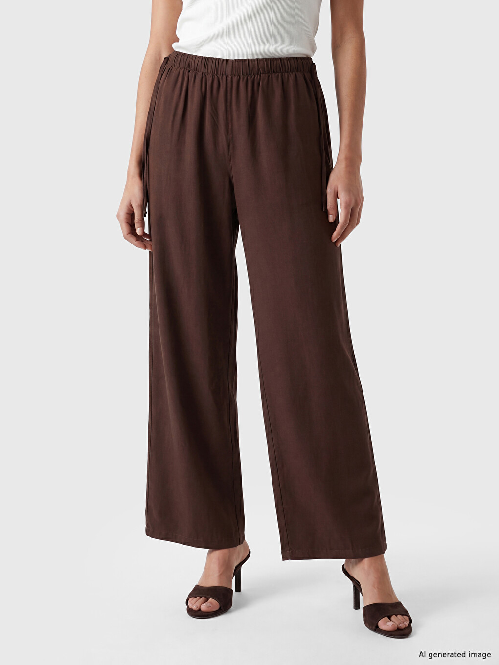 Kahverengi Beli Lastikli Wideleg Kadın Jean Pantolon-1