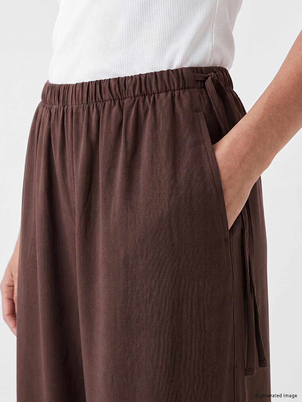 Kahverengi Beli Lastikli Wideleg Kadın Jean Pantolon-2