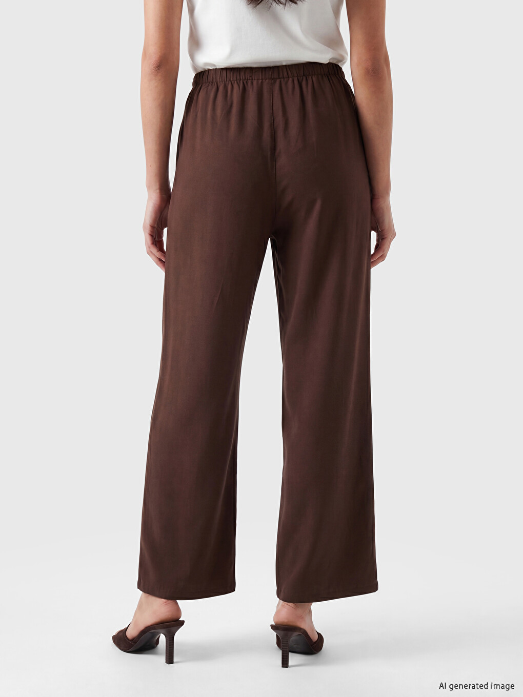 Kahverengi Beli Lastikli Wideleg Kadın Jean Pantolon-3
