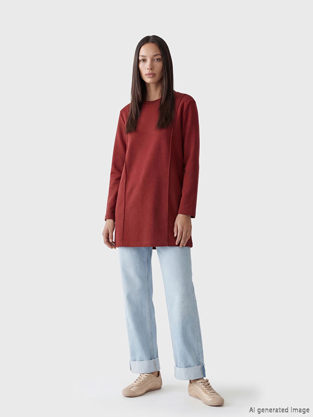 Bordo Bisiklet Yaka Kadın Sweatshirt Tunik	-1