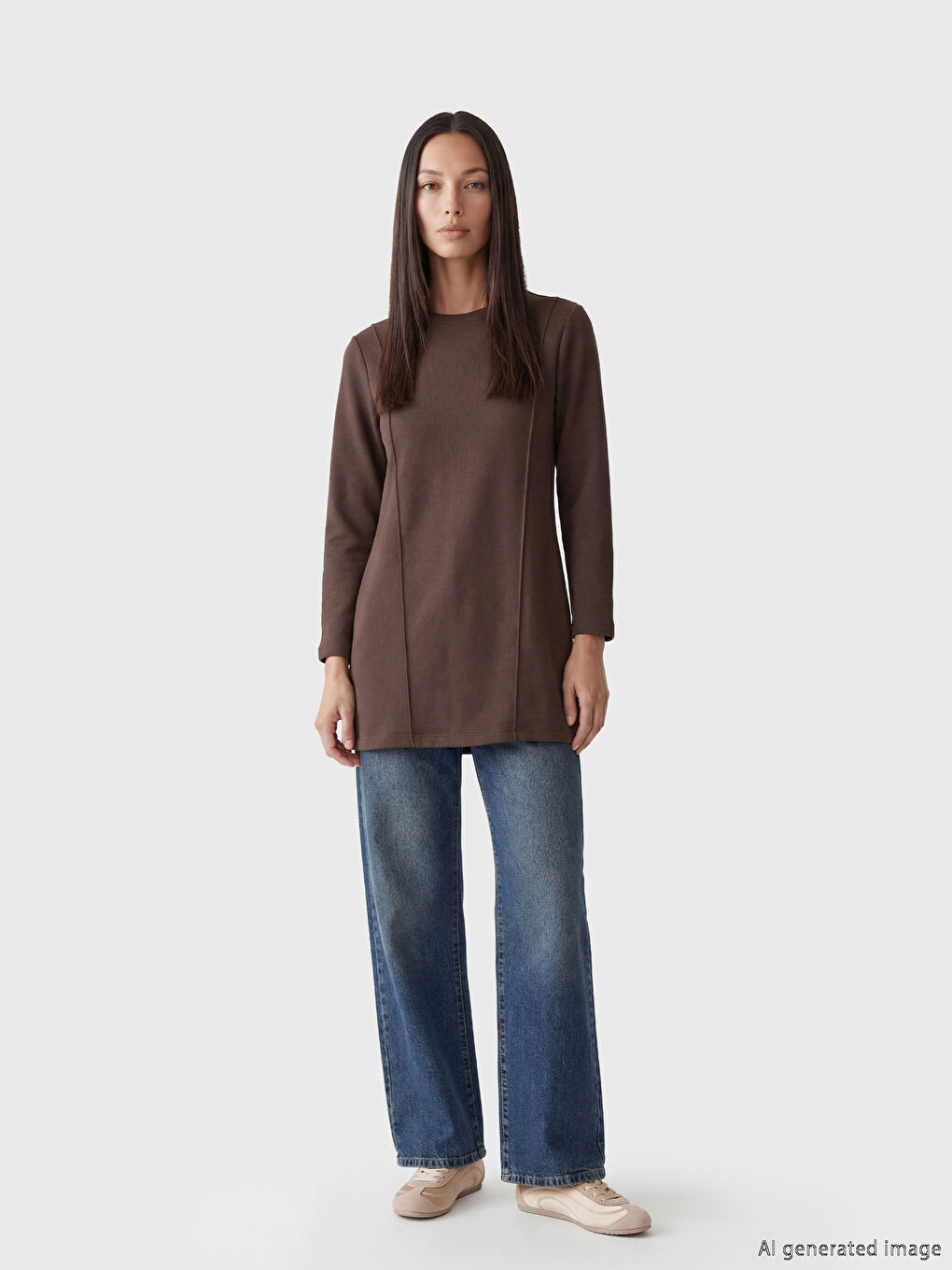 Kahverengi Bisiklet Yaka Kadın Sweatshirt Tunik	-1