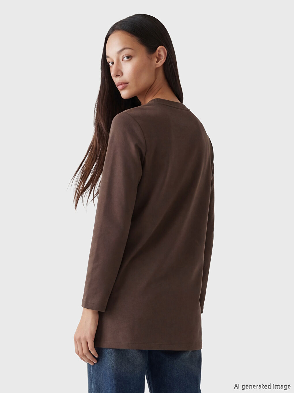 Kahverengi Bisiklet Yaka Kadın Sweatshirt Tunik	-3