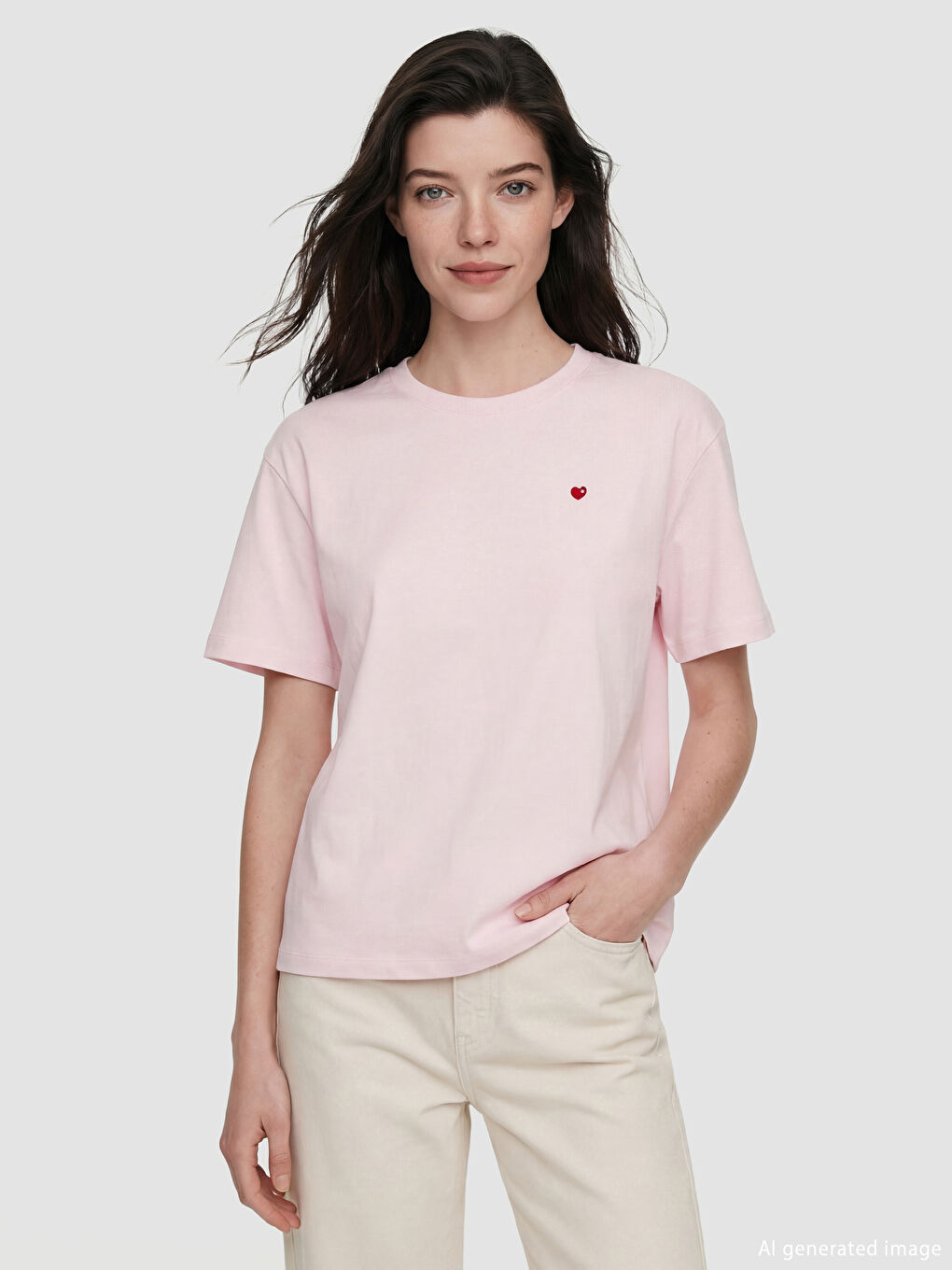 Pembe Kalp Nakışlı Soft Touch Kadın Tişört