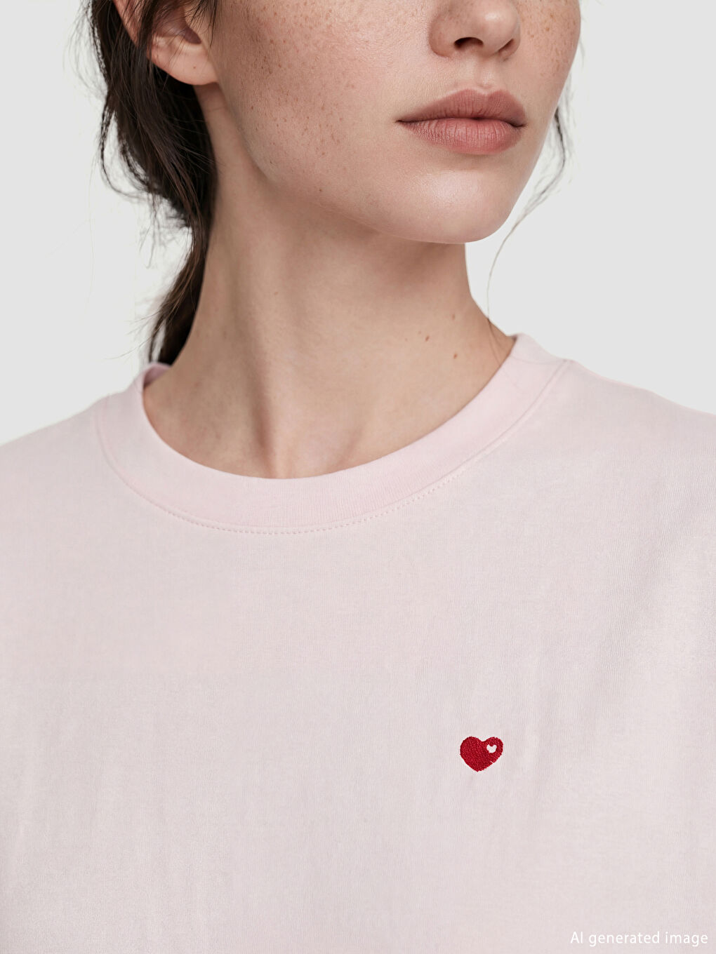 Pembe Kalp Nakışlı Soft Touch Kadın Tişört-2