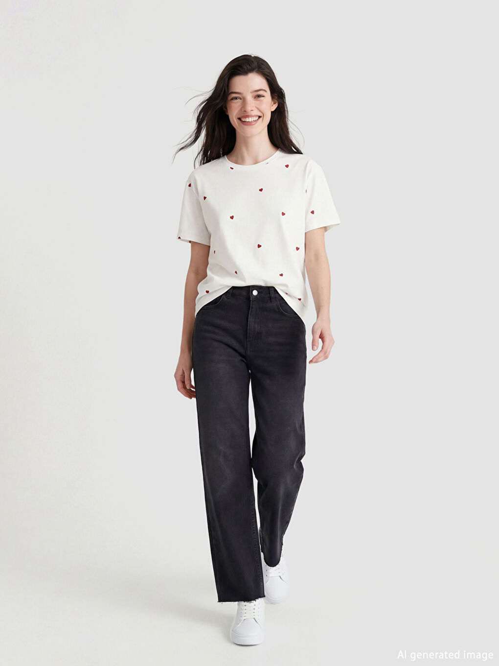 Beyaz Bisiklet Yaka Kalp Desenli Kadın Tişört-1