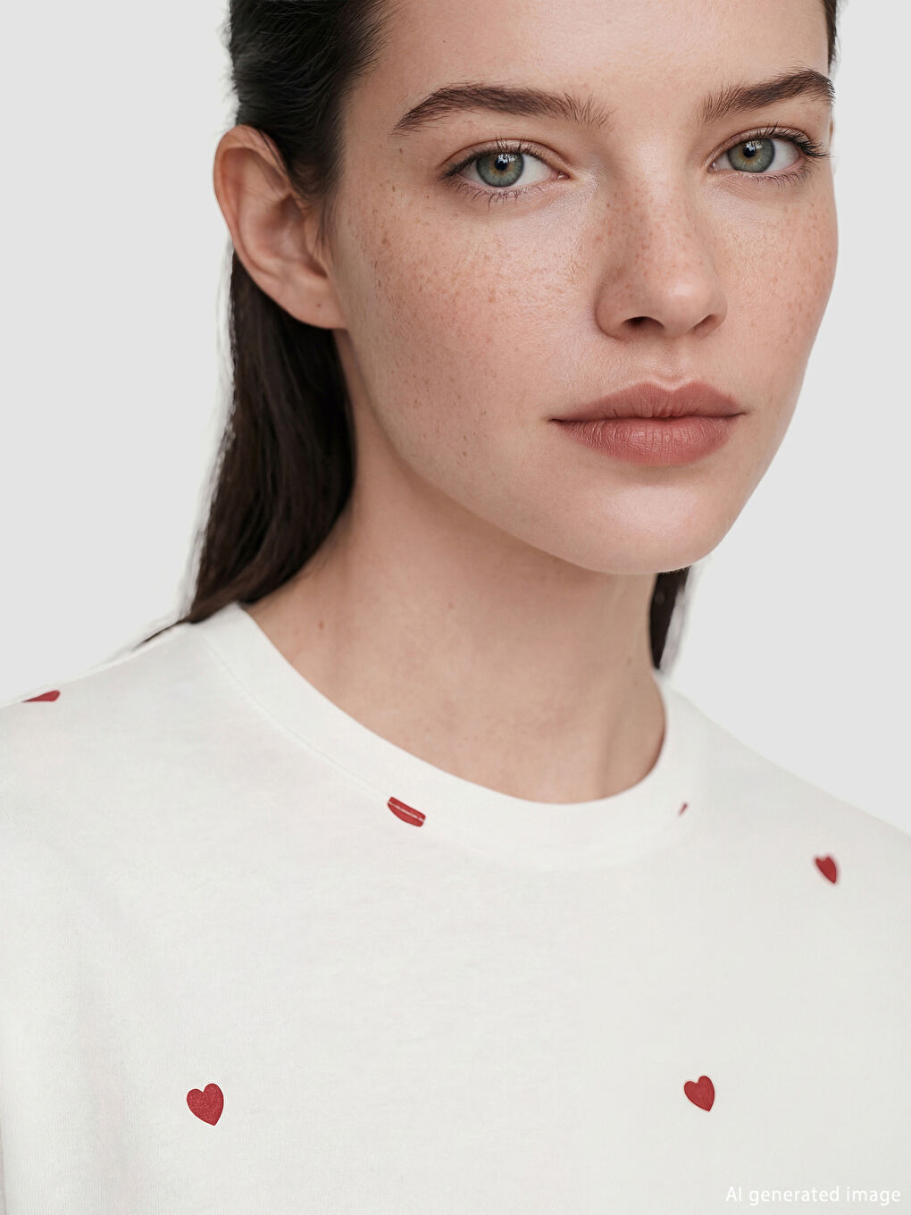 Beyaz Bisiklet Yaka Kalp Desenli Kadın Tişört-2