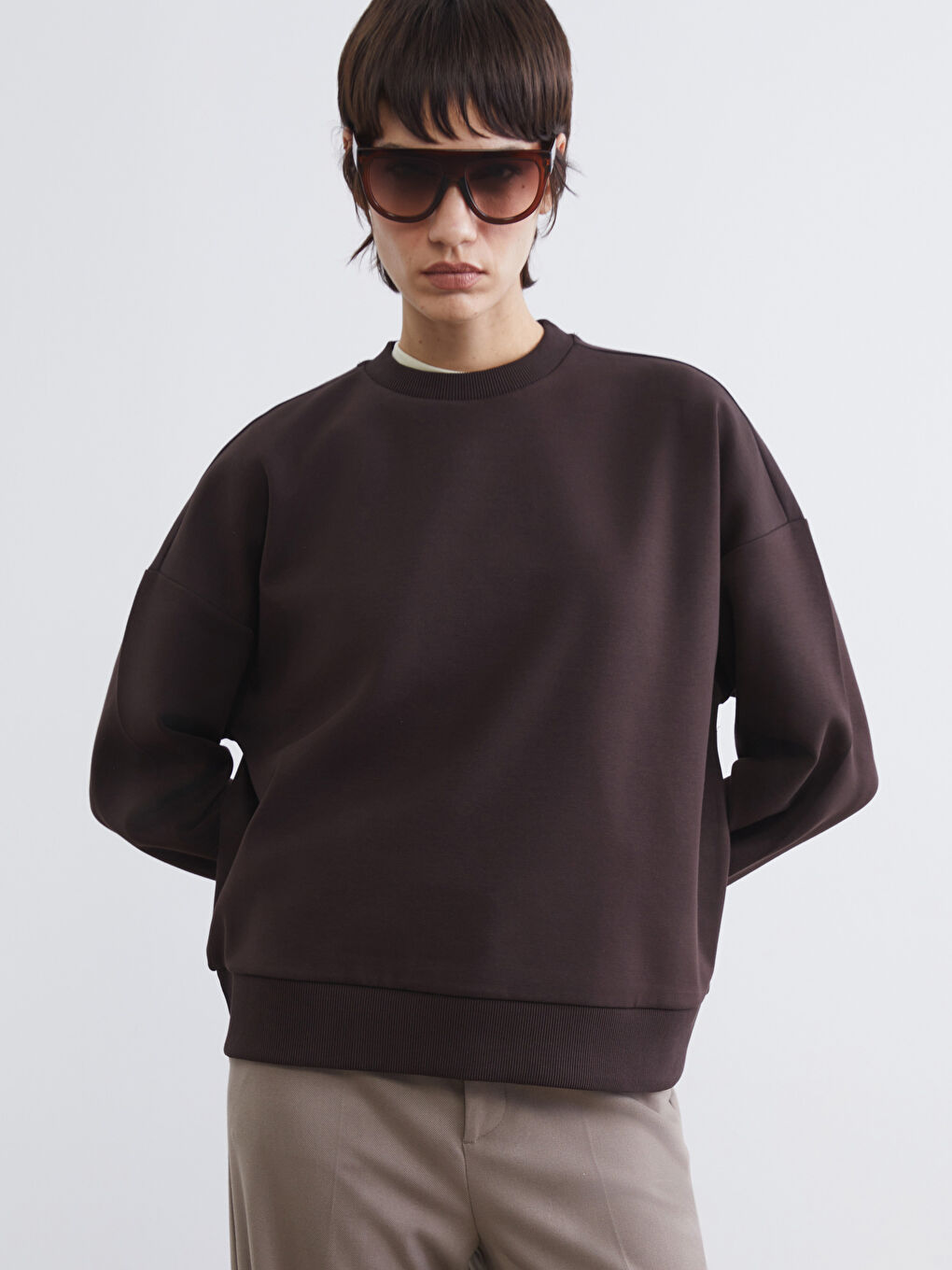 Kahverengi Bisiklet Yaka Oversize Kadın Sweatshirt