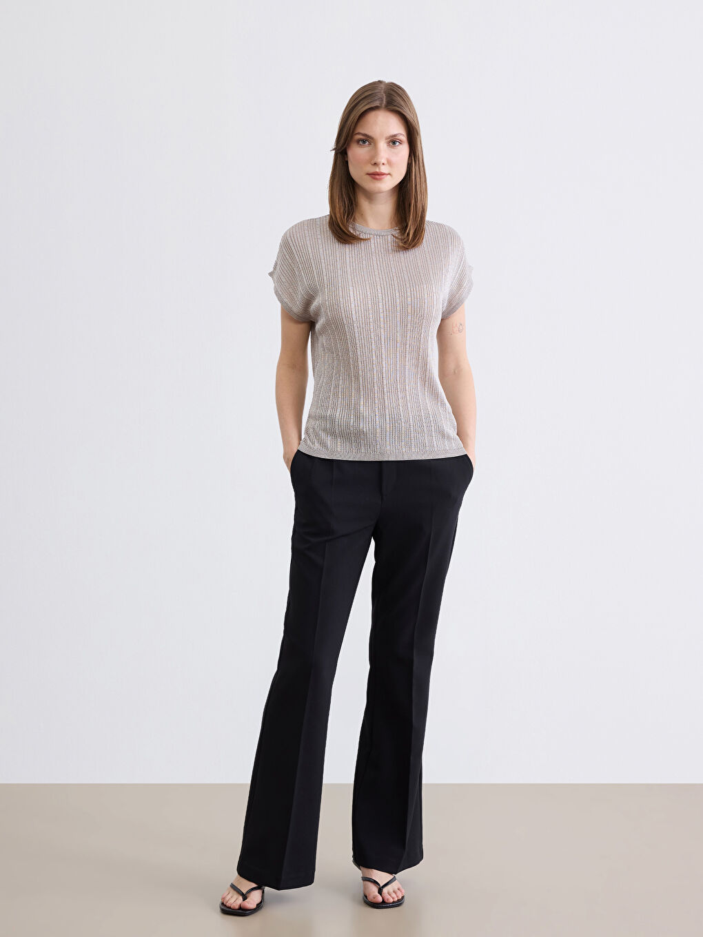 Bej Bisiklet Yaka Fitilli Kadın Triko Kazak-1