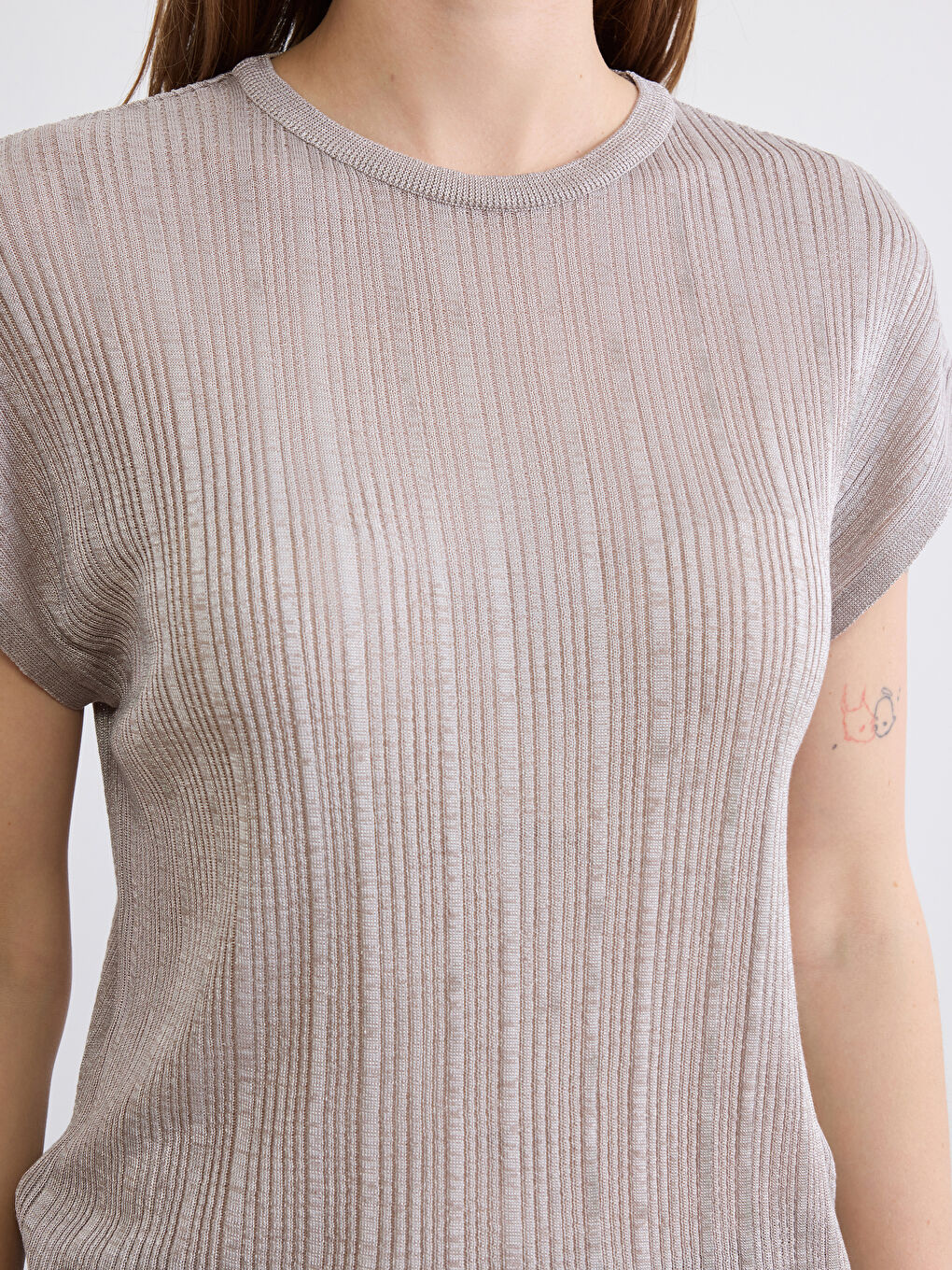 Bej Bisiklet Yaka Fitilli Kadın Triko Kazak-2