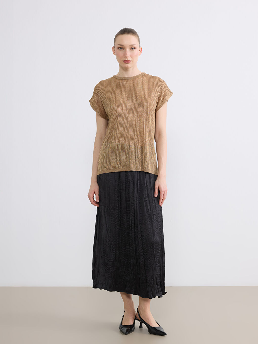 Kahverengi Bisiklet Yaka Fitilli Kadın Triko Kazak-1