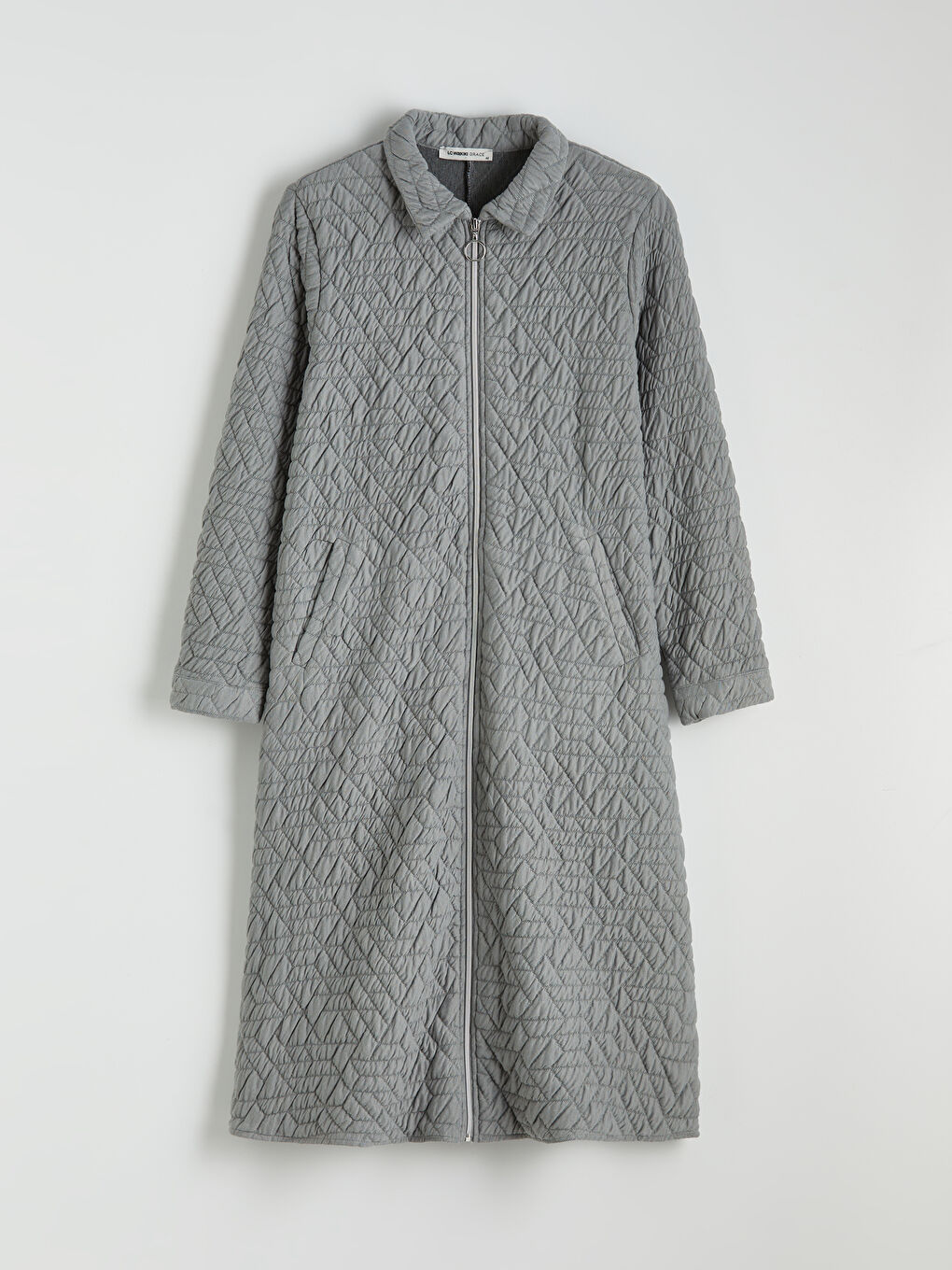 Gri Gömlek Yaka Kendinden Desenli Kadın Ferace