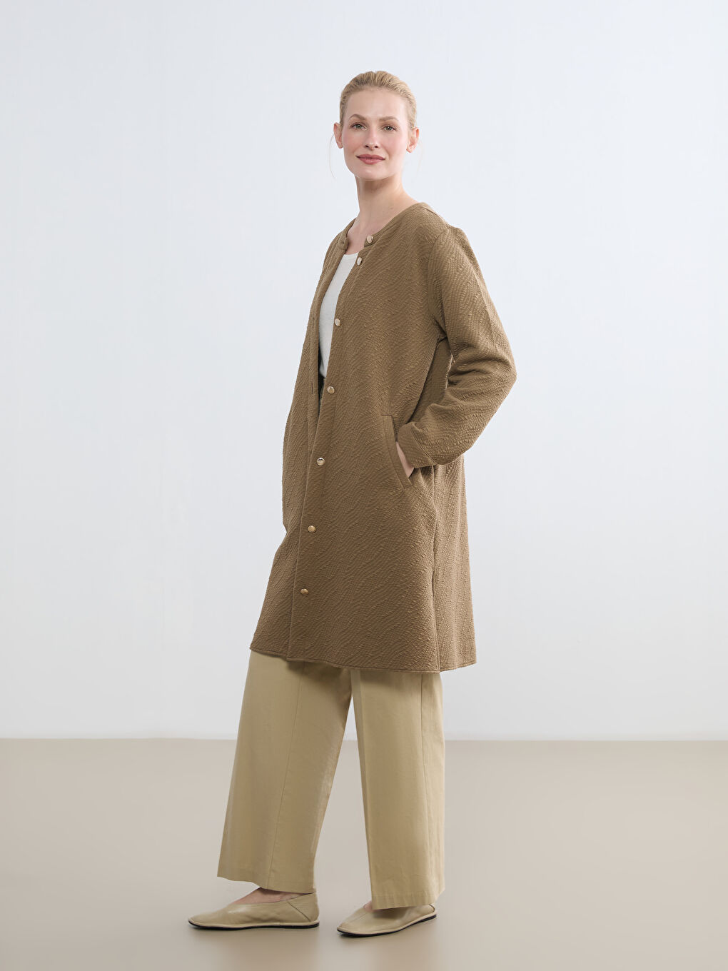 Self-Patterned Dress with a Crew Neck