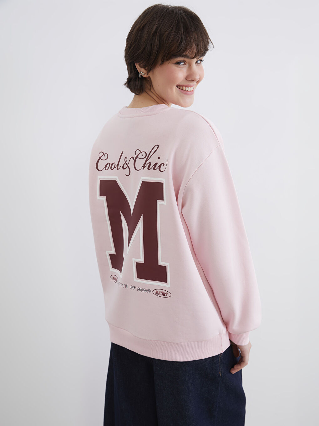 Pembe Mickey Mouse Baskılı Kadın Kalın Sweatshirt