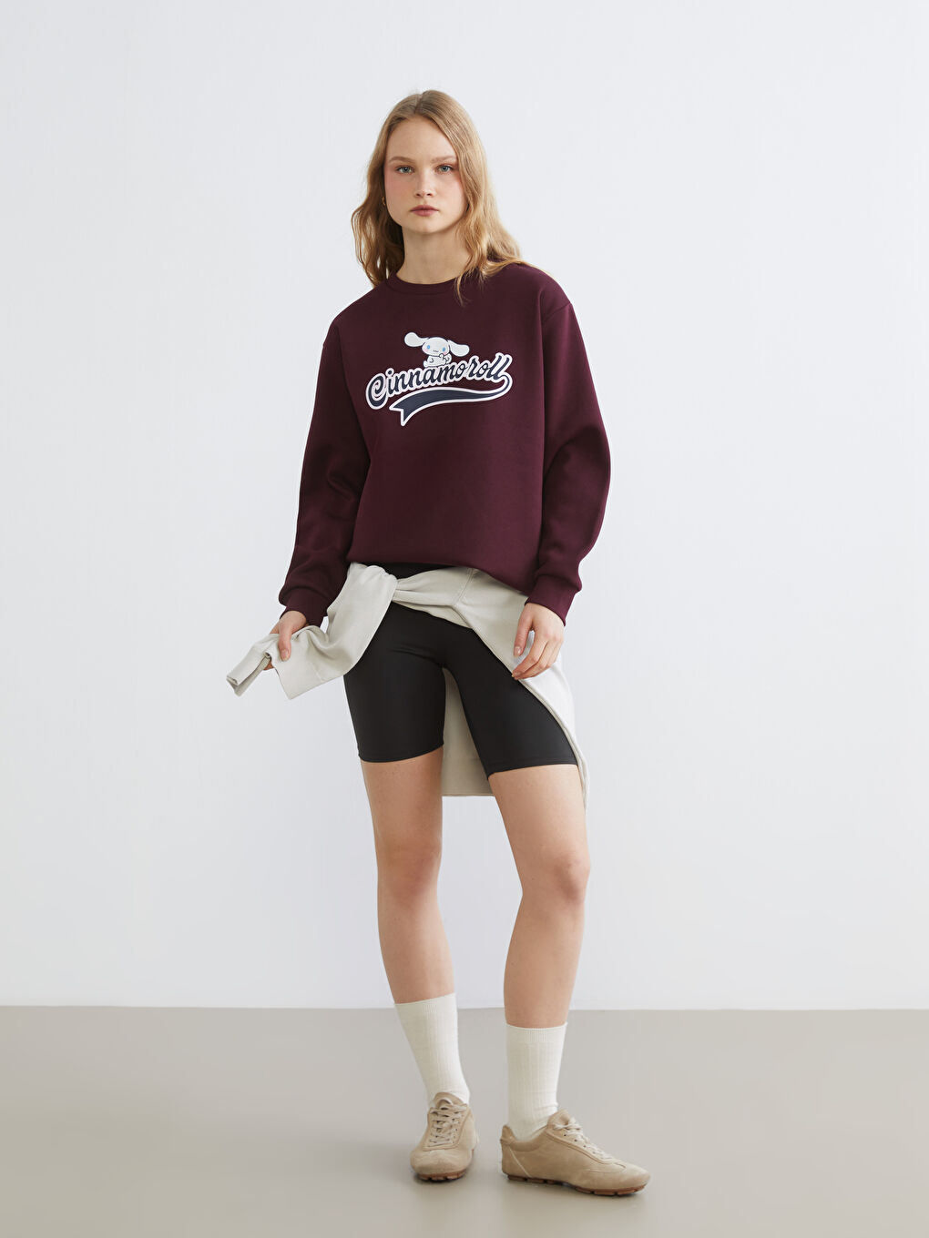 Bordo Cinnamoroll Baskılı Kadın Kalın Sweatshirt-1