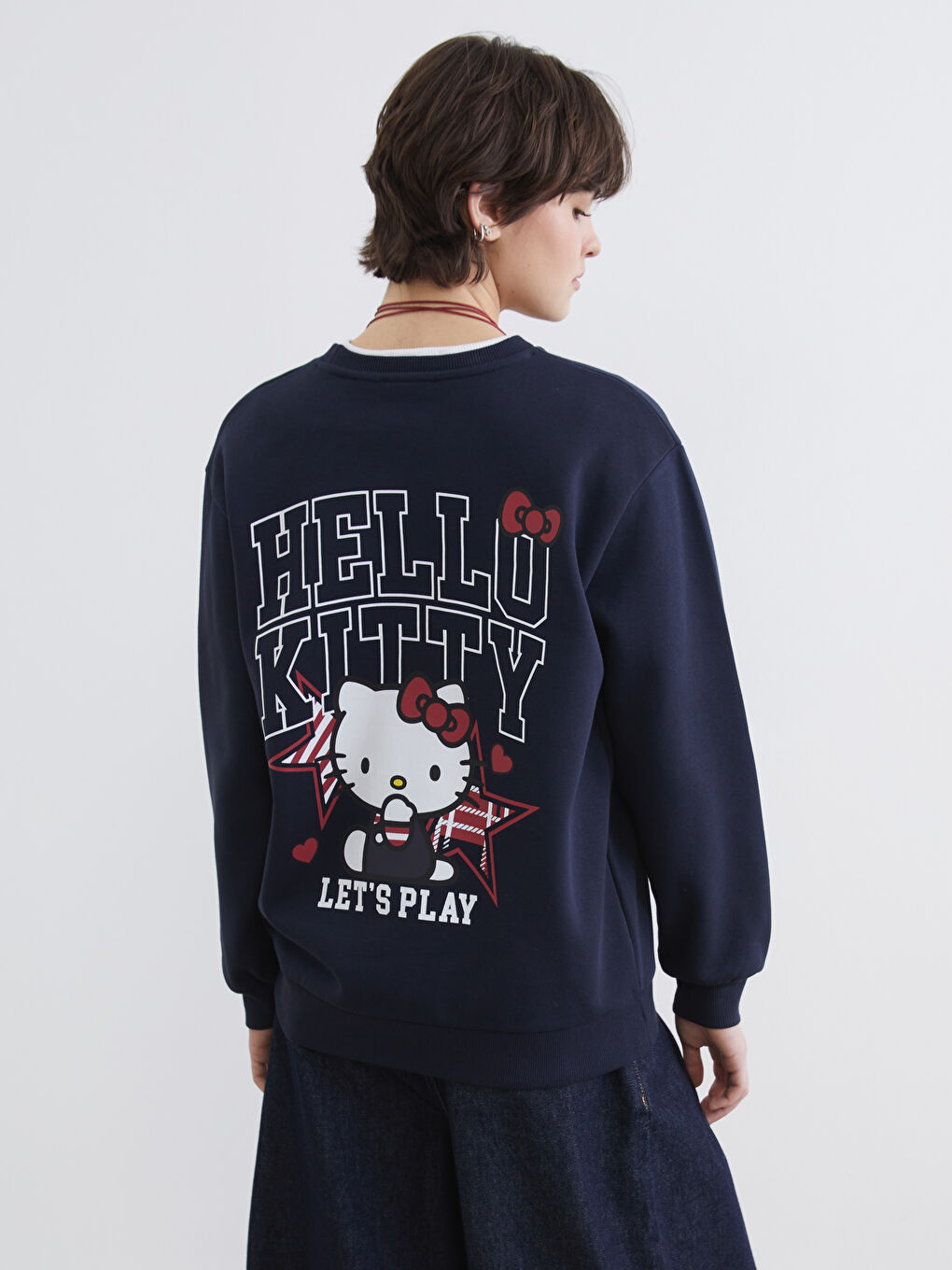 Lacivert Hello Kitty Baskılı Kadın Kalın Sweatshirt