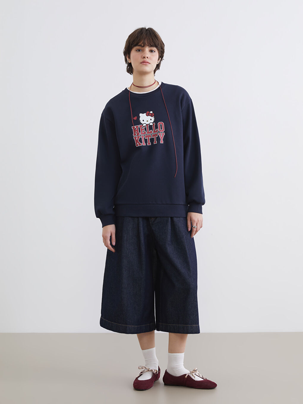 Lacivert Hello Kitty Baskılı Kadın Kalın Sweatshirt-1