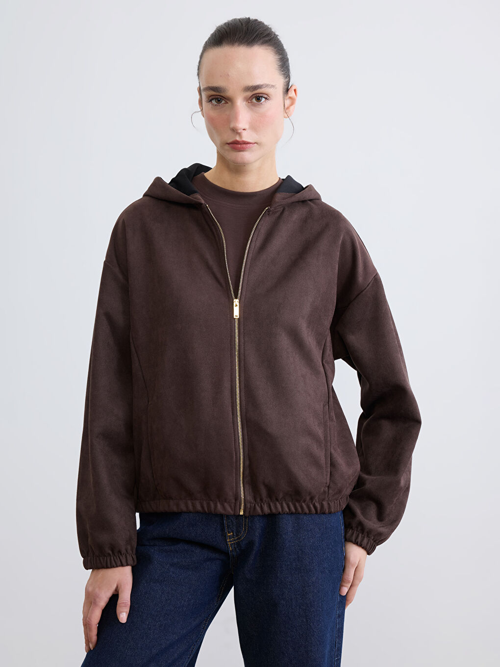 Kahverengi Kapüşonlu Kadın Fermuarlı Sweatshirt