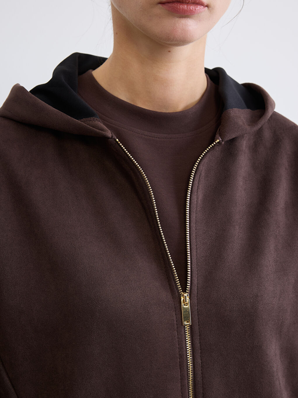 Kahverengi Kapüşonlu Kadın Fermuarlı Sweatshirt-2