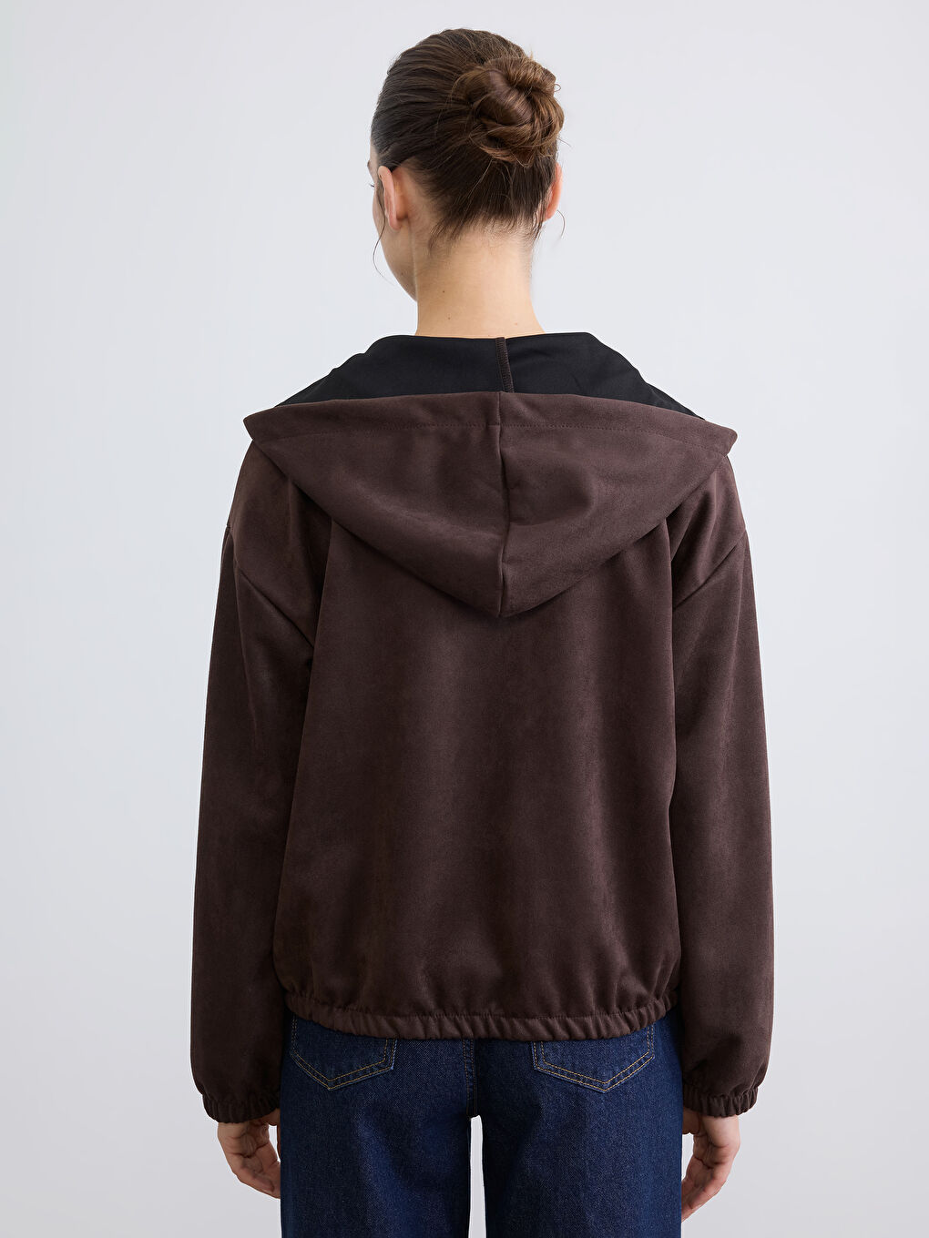 Kahverengi Kapüşonlu Kadın Fermuarlı Sweatshirt-4