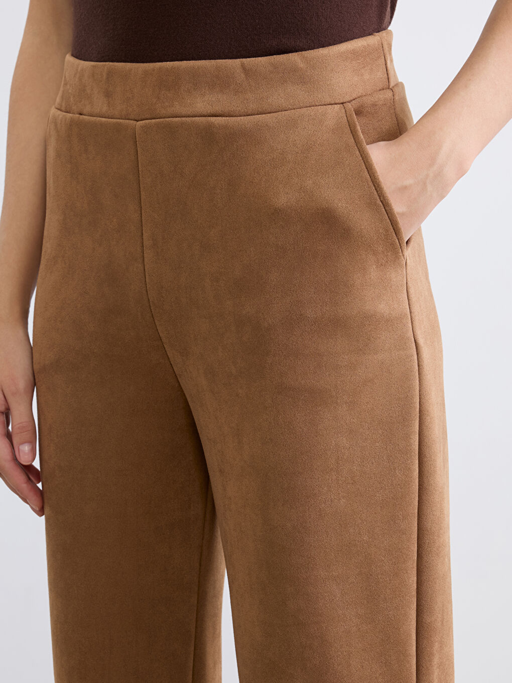 Kahverengi İspanyol Paça Kadın Süet Görünümlü Pantolon-2