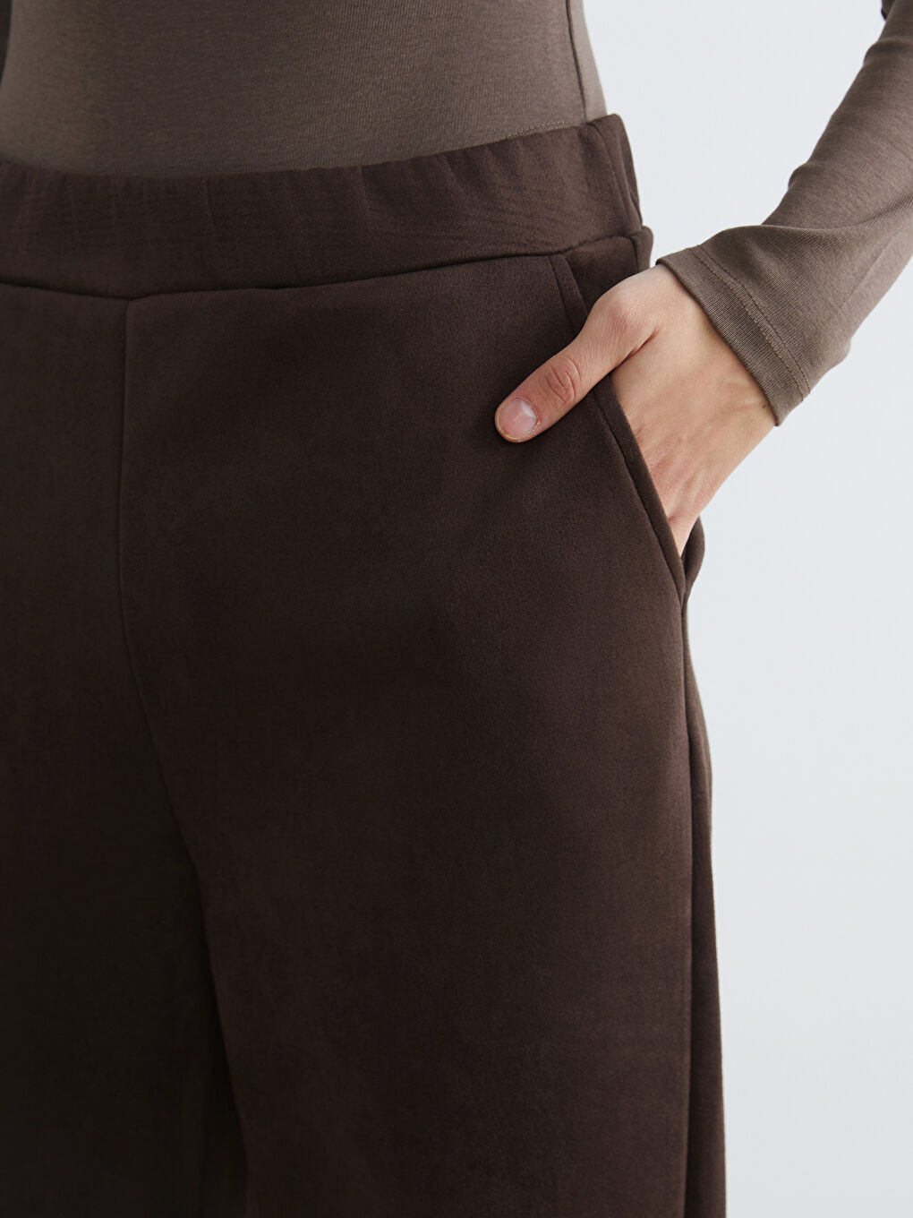 Kahverengi İspanyol Paça Kadın Süet Görünümlü Pantolon-2