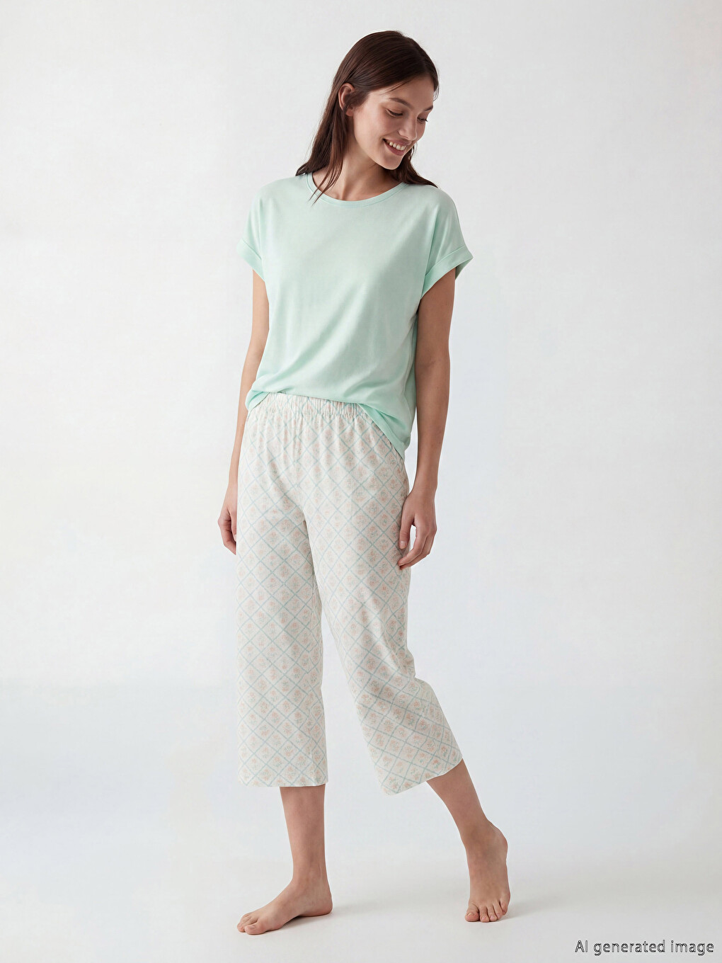 Ekru Desenli Kadın Kapri Pijama Alt