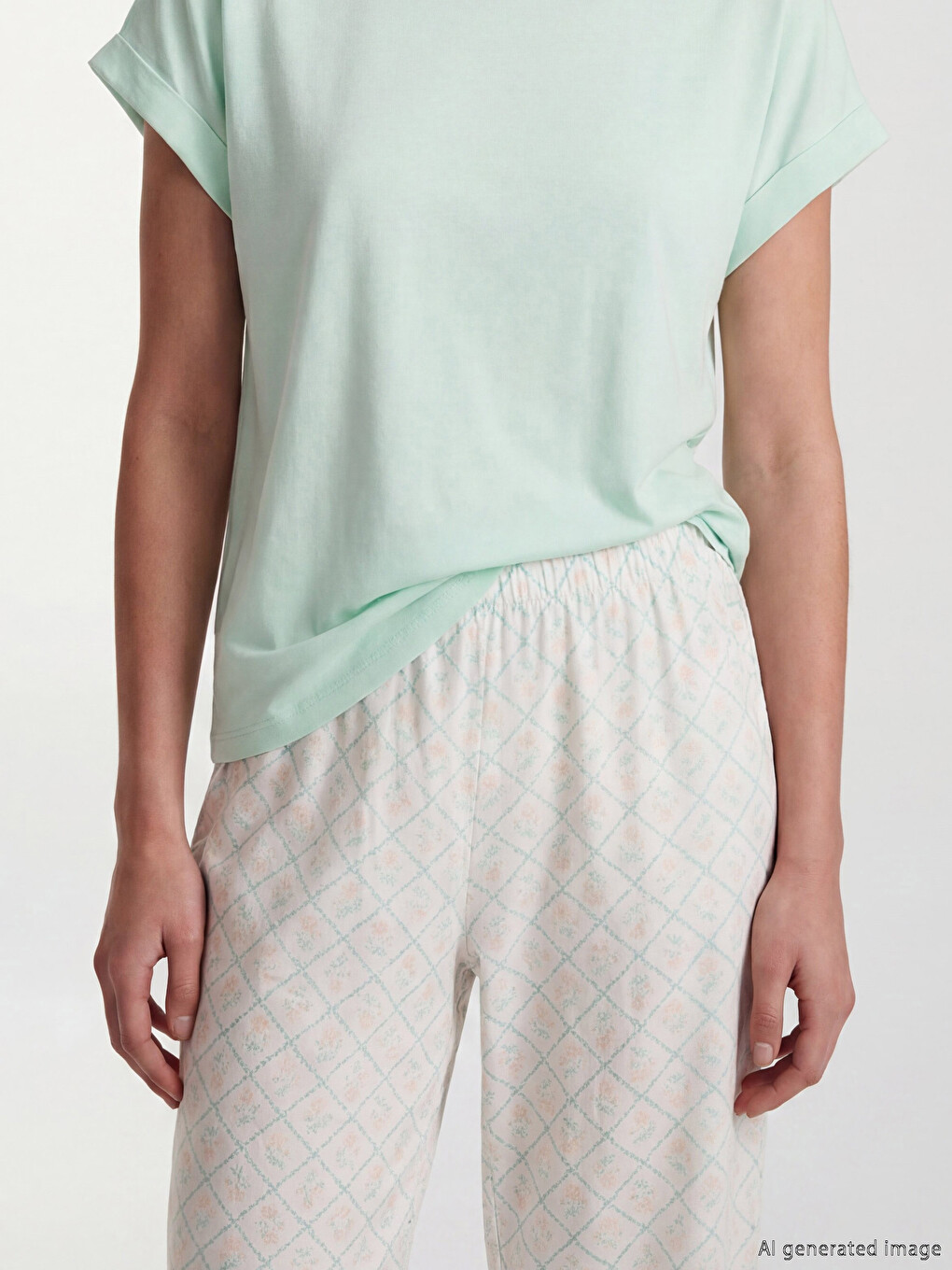 Ekru Desenli Kadın Kapri Pijama Alt-1