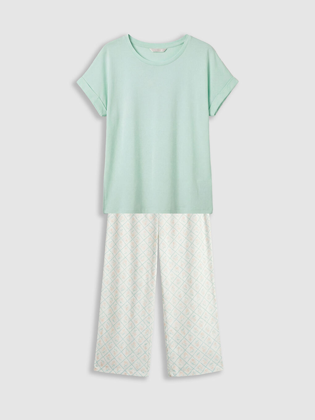 Ekru Bisiklet Yaka Çiçekli Kadın Kaprili Pijama Takımı