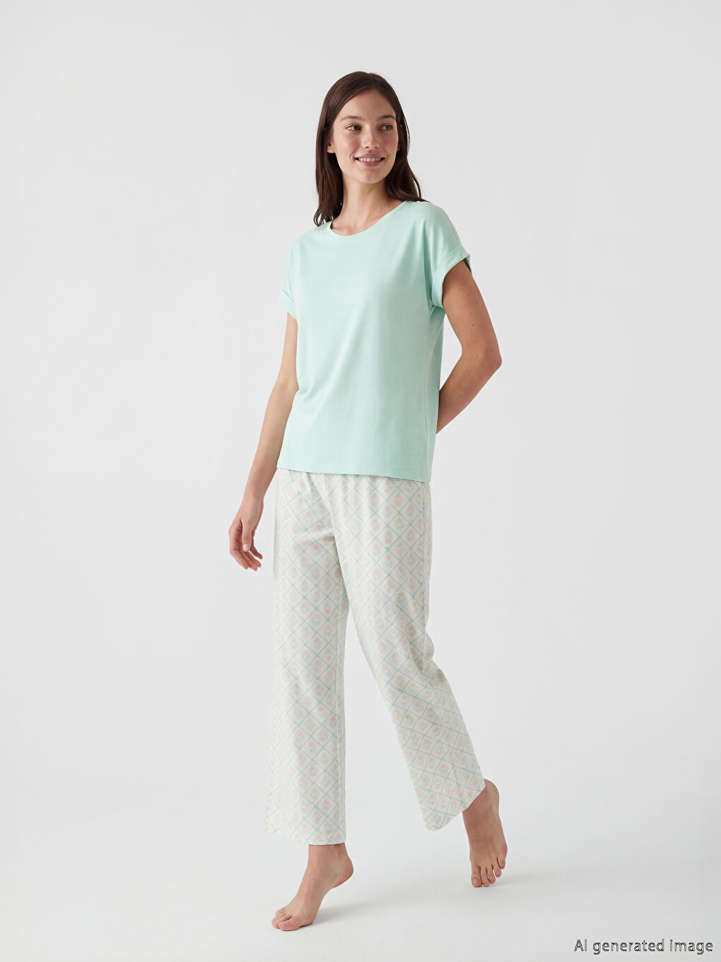 Ženski kapri pidžama komplet sa cvetnim dezenom i okruglim izrezom