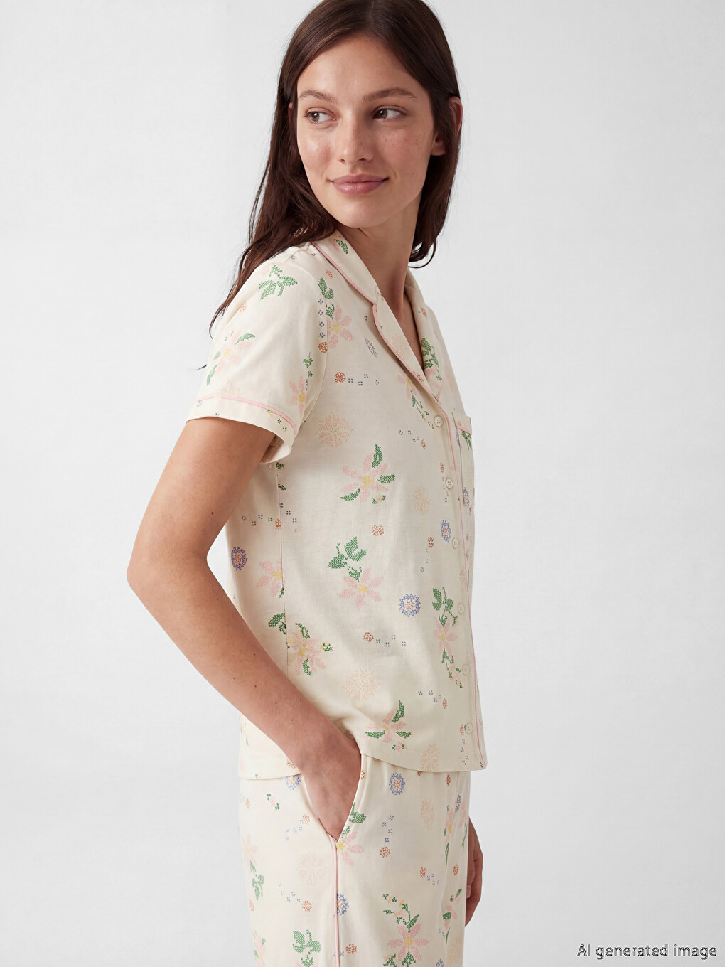 Ekru Gömlek Yaka Desenli Kadın Pijama Üst-1