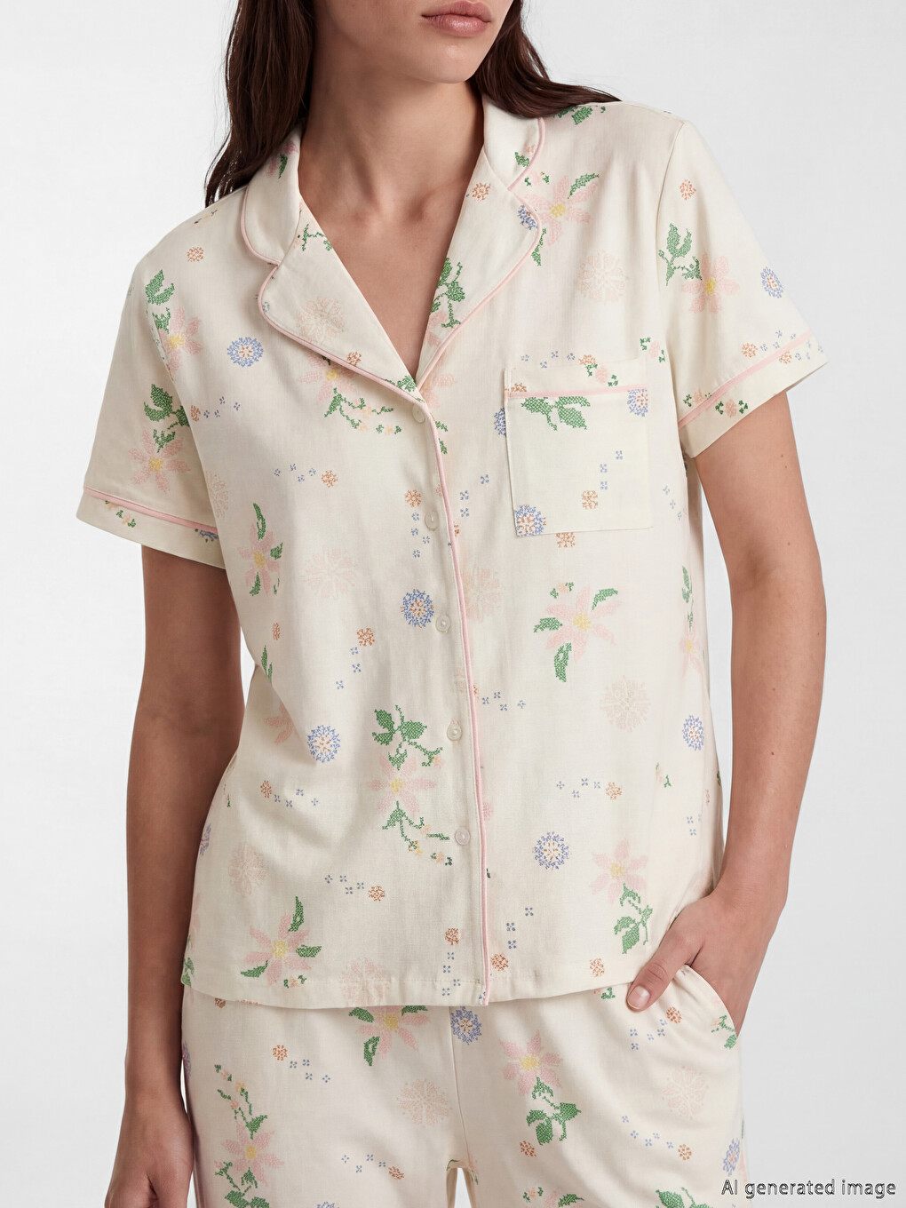 Ekru Gömlek Yaka Desenli Kadın Pijama Üst-2