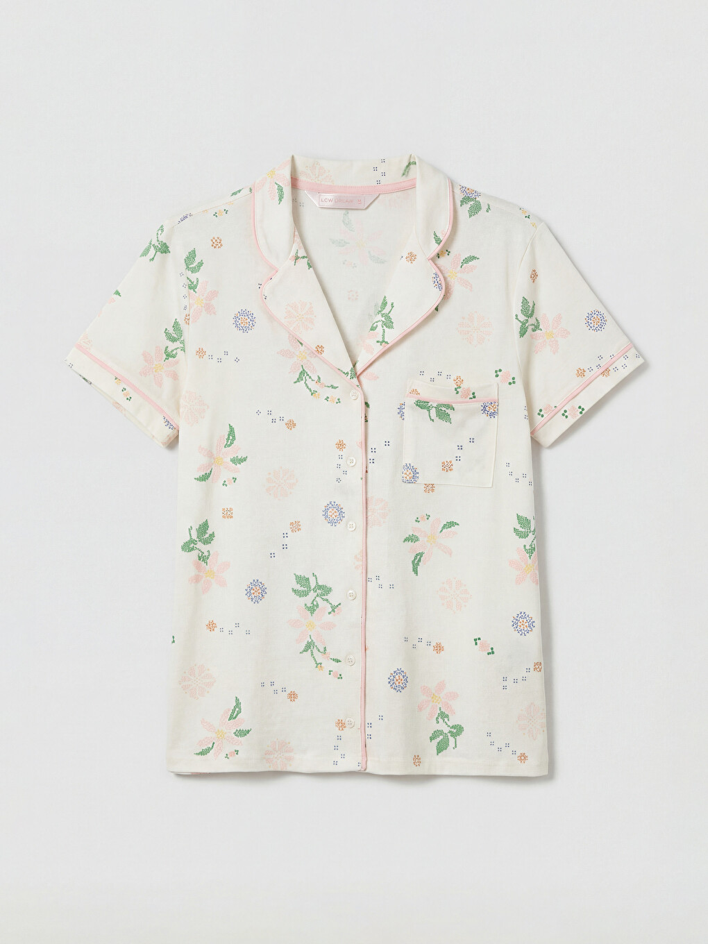 Ekru Gömlek Yaka Desenli Kadın Pijama Üst-3