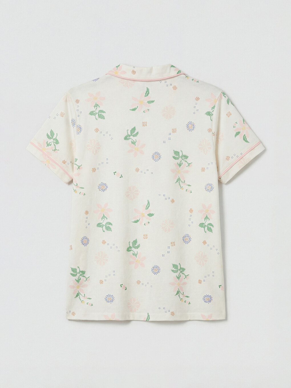 Ekru Gömlek Yaka Desenli Kadın Pijama Üst-4